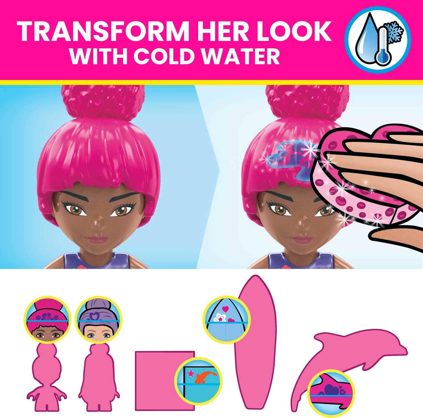 MEGA Barbie Color Reveal Dolphin Exploration Toy Building Set with 10+ Surprises, 2 Micro-Dolls and 2 Dolphins, Toy Gift Set for Girls and Boys, Ages