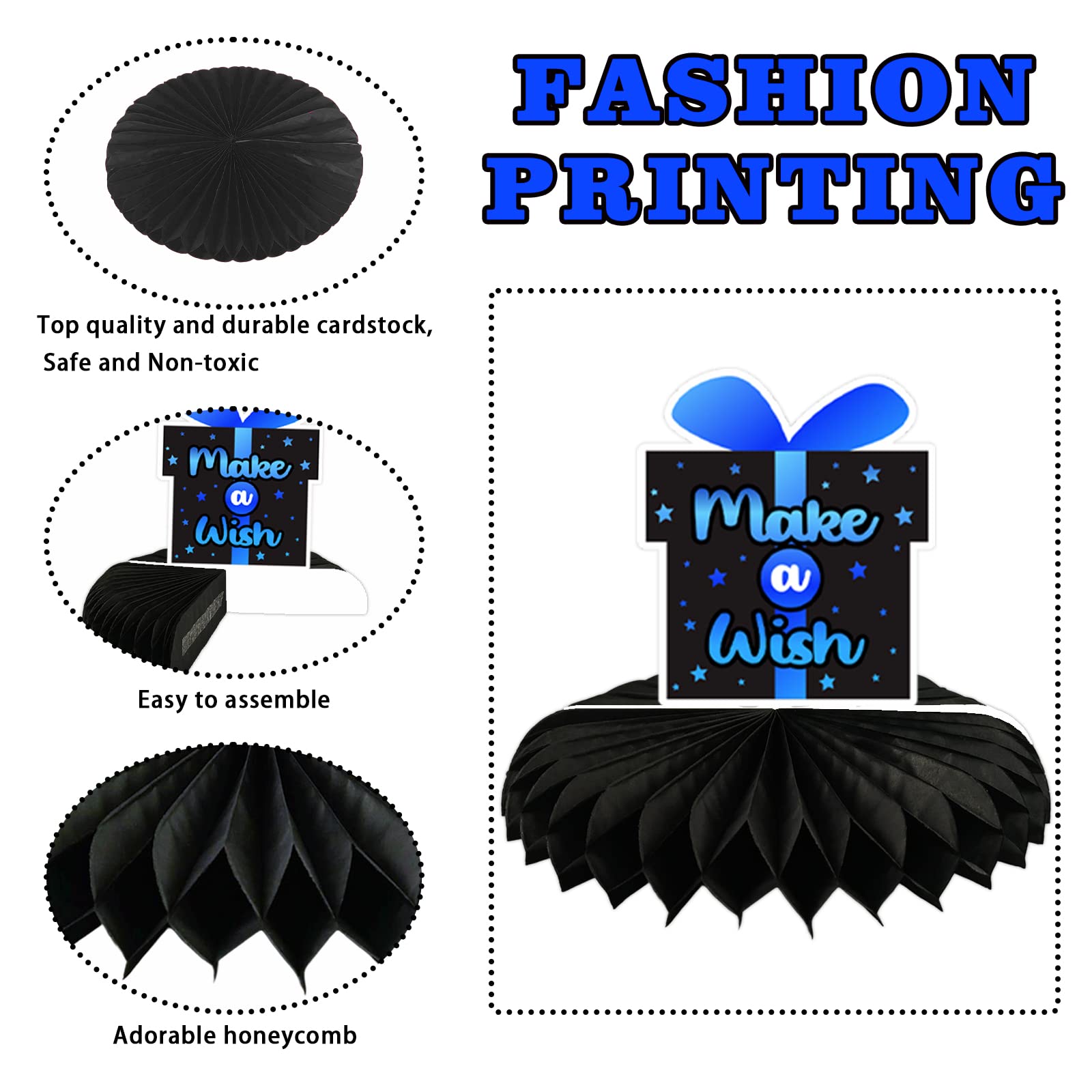 Happy Birthday Blue and Black Table Honeycomb Centerpieces Balloons Theme Decor Table Decorations Table Toppers for Girls Women Princess 16th 21st