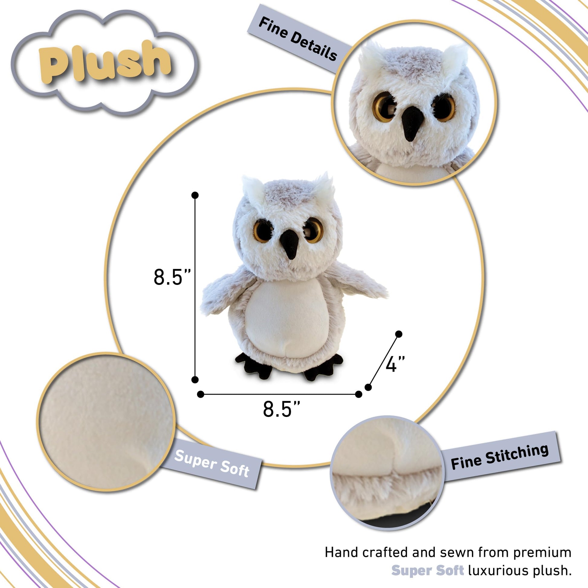 DolliBu Owl Plush - Super Soft Stuffed Animal, Cute Grey Wildlife Bird Adorable Fluffy Stuffed Animal for Boys and Girls, Plush Owl Gifts for Kids