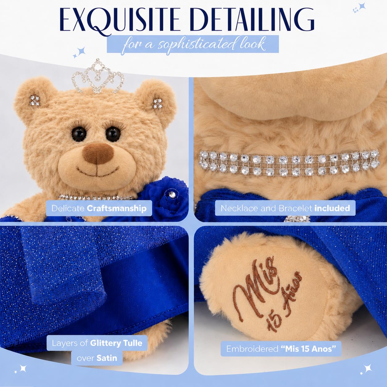 12" Quinceañera Bear Centerpiece Doll w/ Elegant Layered Tulle Dress, Adjustable Stand Included - Quinceanera Decorations Gift, Oso de Peluche para 15