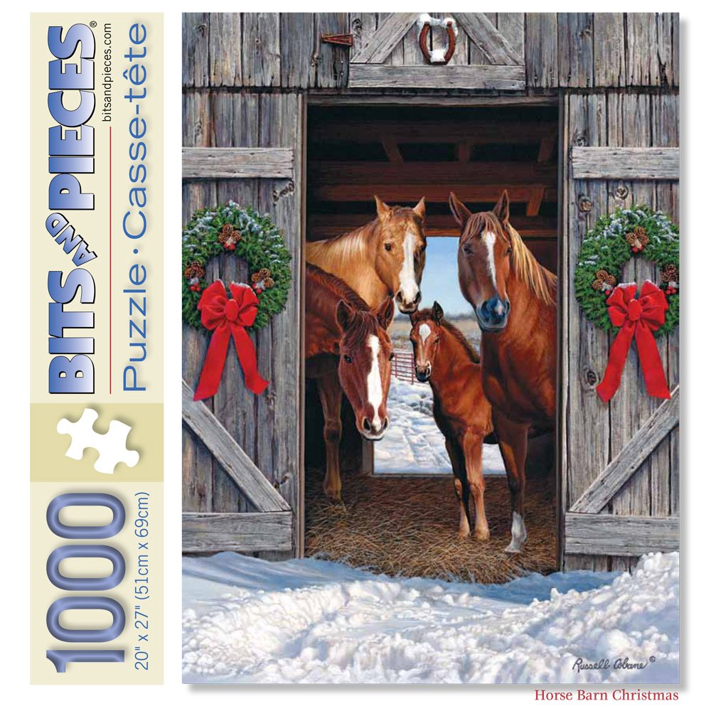 Bits and Pieces - 1000 Piece Jigsaw Puzzle for Adults - Horse Barn Christmas - Winter Holiday Scene Jigsaw Puzzle by Artist Russell Cobane, Completed