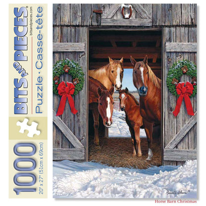 Bits and Pieces - 1000 Piece Jigsaw Puzzle for Adults - Horse Barn Christmas - Winter Holiday Scene Jigsaw Puzzle by Artist Russell Cobane, Completed