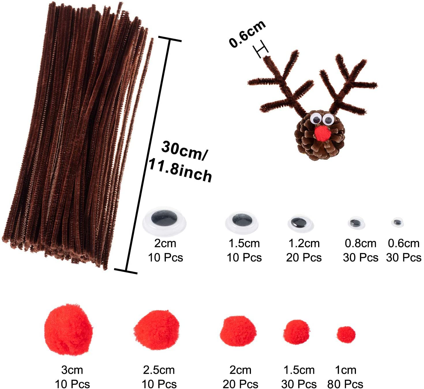 Whaline 350 Pcs Christmas Pipe Cleaners Set Including 100 Pcs Brown Craft Chenille Stems, 100 Pcs Multi Sized Wiggle Googly Eyes and 150 Pcs Pompoms