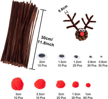 Whaline 350 Pcs Christmas Pipe Cleaners Set Including 100 Pcs Brown Craft Chenille Stems, 100 Pcs Multi Sized Wiggle Googly Eyes and 150 Pcs Pompoms