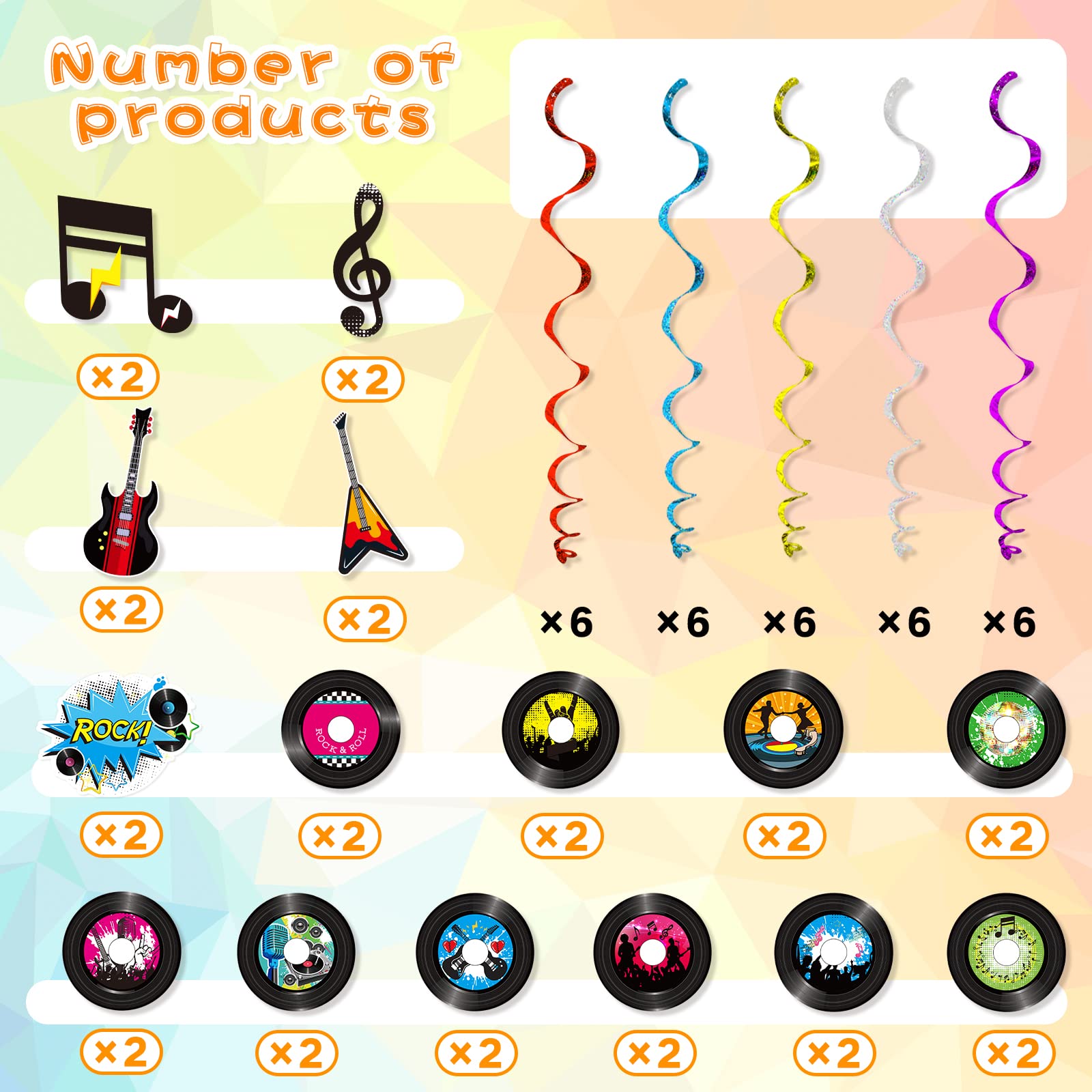 60 Pieces 50s Party Rock and Roll Music Party Decorations Hanging Swirls Music Record Cutouts Hanging Banner Double Sides Ceiling Decor with Streamer