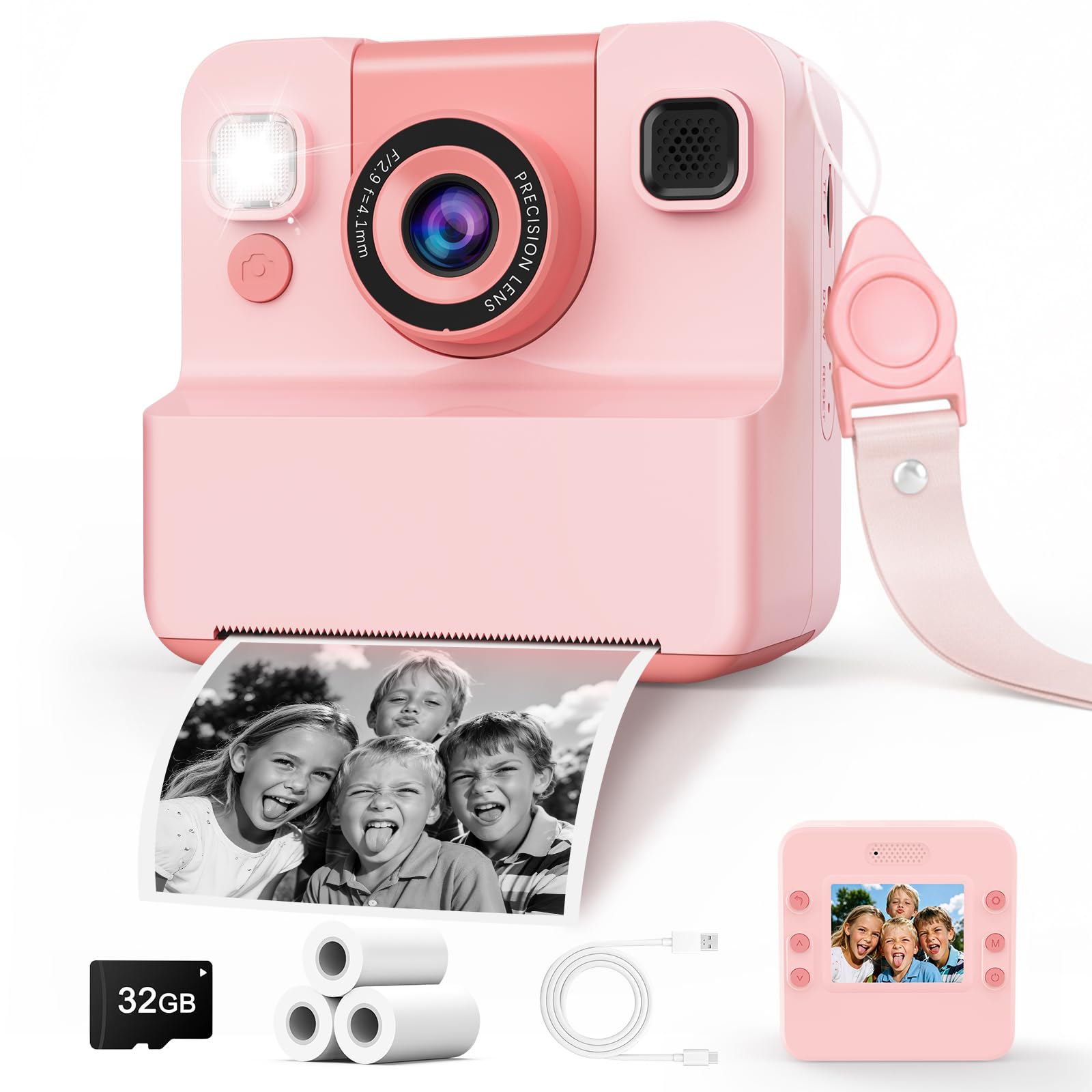 Kids Camera Instant Print with Flip Lens, 1080P HD Video Inkless Toddler Digital Camera with 32GB Card, Portable Travel Christmas Birthday Gift for