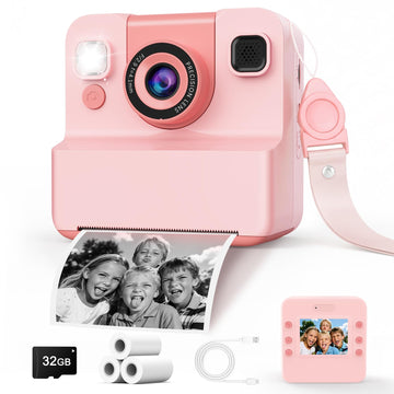 Kids Camera Instant Print with Flip Lens, 1080P HD Video Inkless Toddler Digital Camera with 32GB Card, Portable Travel Christmas Birthday Gift for