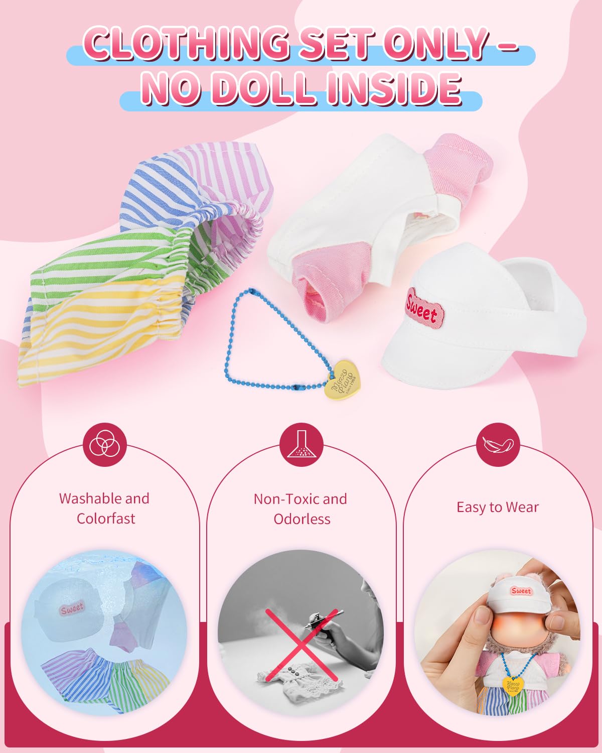 SOOBEEKE 17cm Doll Clothes Set - 4PCS Outfit with Hat, Shirt, Necklace & Shorts - Small Doll Clothes & Accessories for 15 - 17 cm Dolls - NO Doll