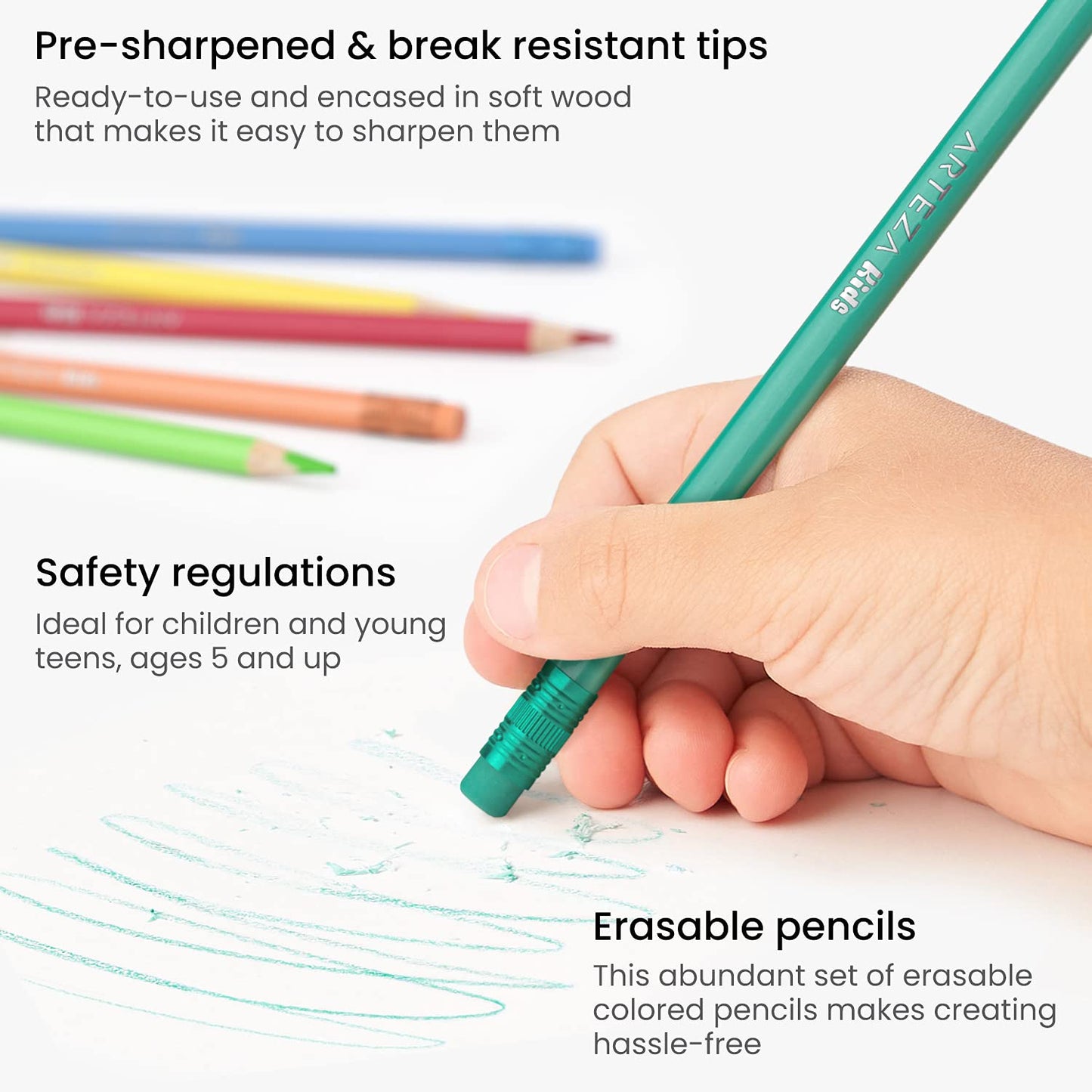 Arteza Kids Erasable Colored Pencils, Set of 48, Triangular Pencil Crayons, Pre-Sharpened, Art Supplies for School, Home, Doodling, and Drawing