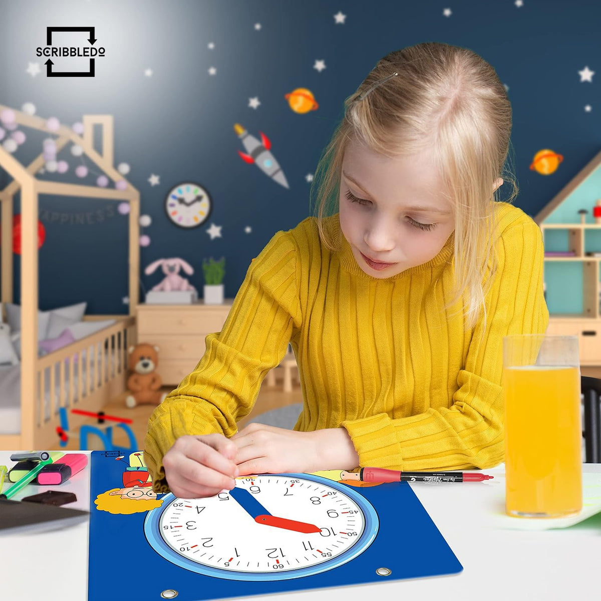 Scribbledo Writable Dry Erase Learning Clock for Kids Write & Wipe Demonstration Clock for Kids Learning to Tell Time Classrooms and Homeschool