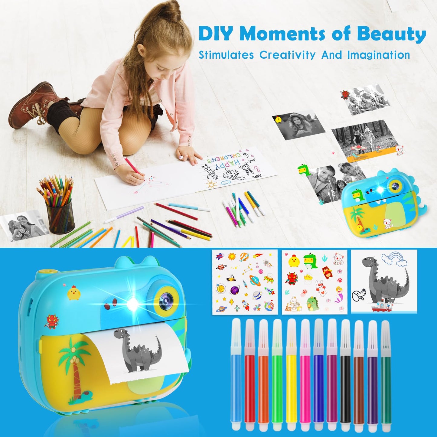 ARNSSIEN Kids Camera Instant Print with 7 Rolls Paper, 2.4" Screen Instant Camera for Kids, 1080P HD Video, Christmas Birthday Festival Present for