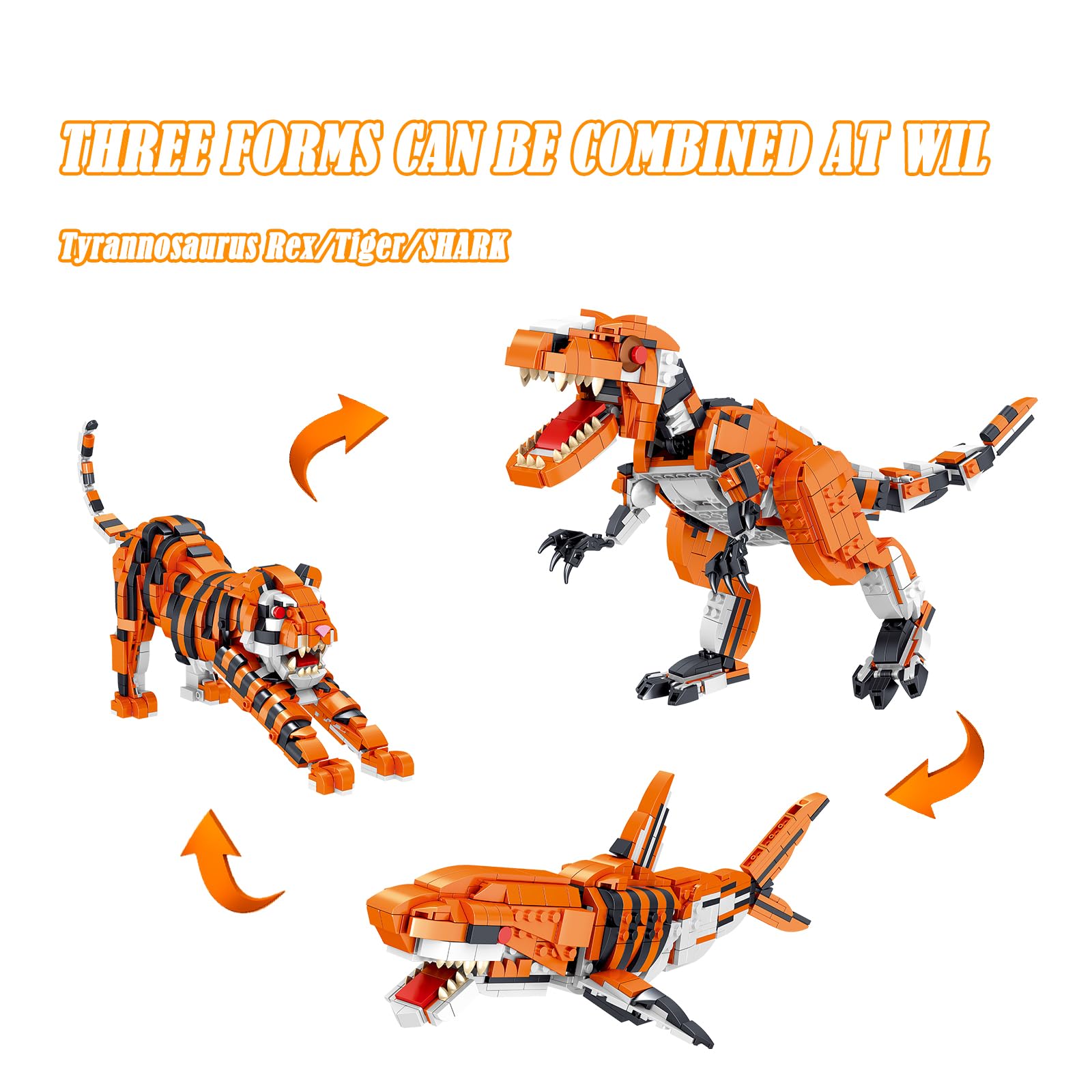 CAXIMSY Creator 3 in 1 Animal Building Block Set 1030 Pcs Transformable Dinosaur Tiger & Shark Model Kit for Adults and Teens Wildlife Figure Desktop