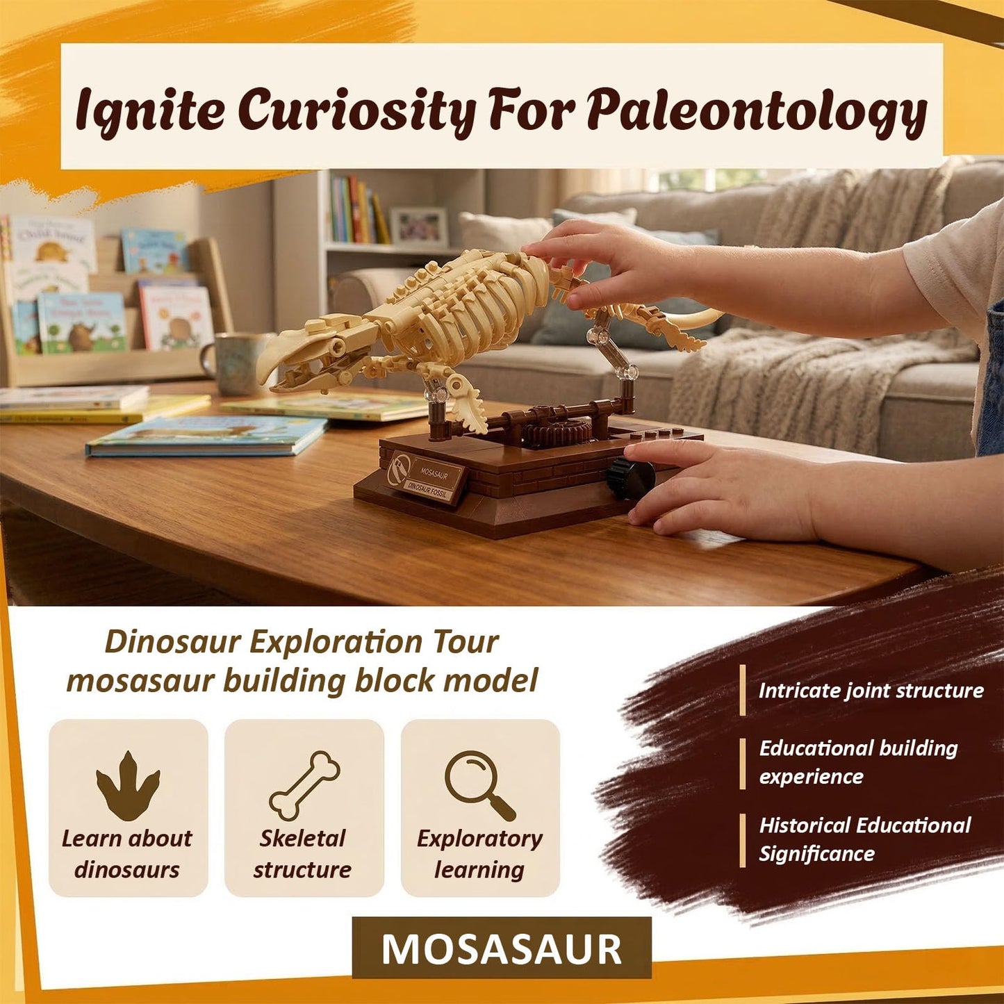 Myth Qholve Mosasaurus Dinosaur Fossil Building Set, 191PCS Movable Skeleton Model Kit with Museum Display Stand, Prehistoric Marine Reptile Building
