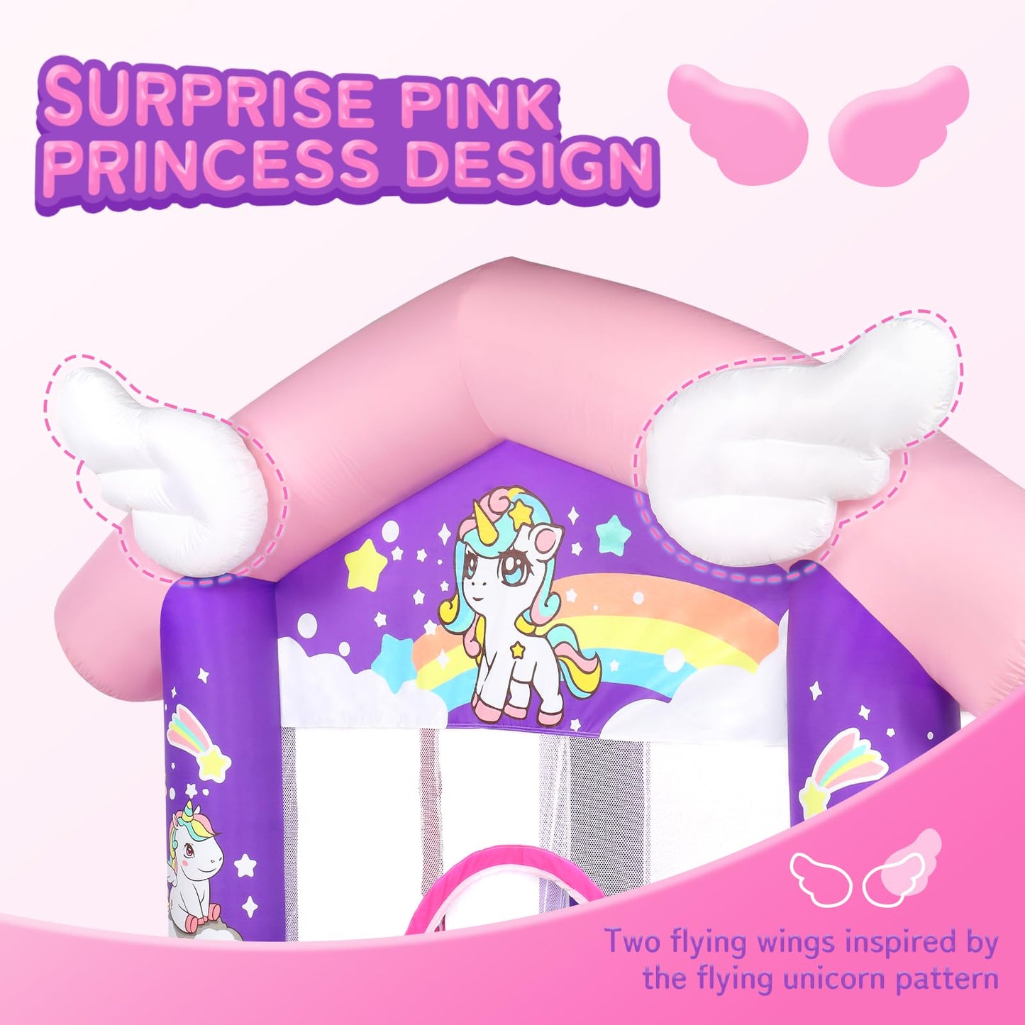 JOYMOR Pink Inflatable Bounce House with Slide, Unicorn Theme Princess, for Girls Outdoor and Indoor Use, Pink Bounce House for Kids 3-6 (Blower