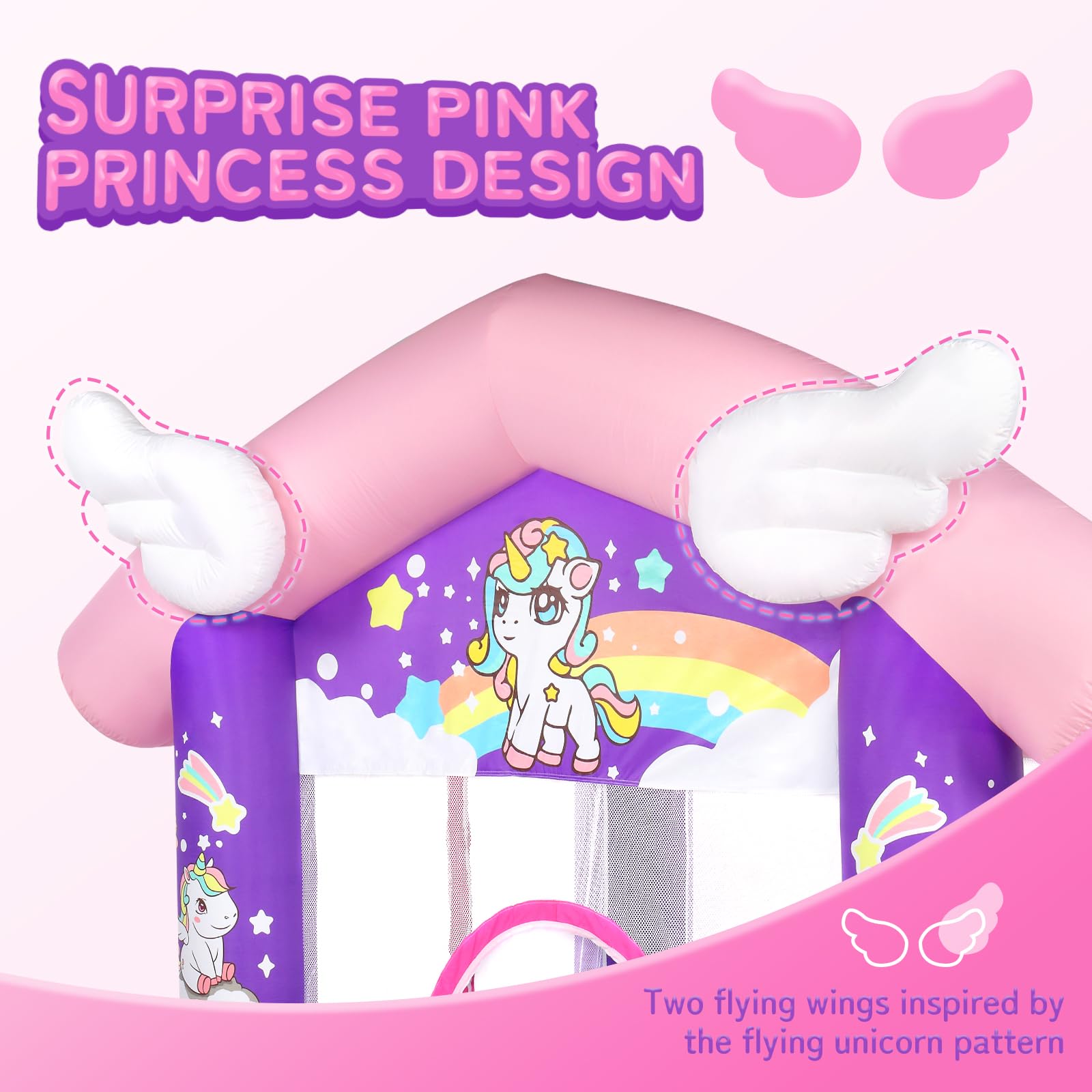 JOYMOR Pink Inflatable Bounce House with Slide, Unicorn Theme Princess, for Girls Outdoor and Indoor Use, Pink Bounce House for Kids 3-6 (Blower