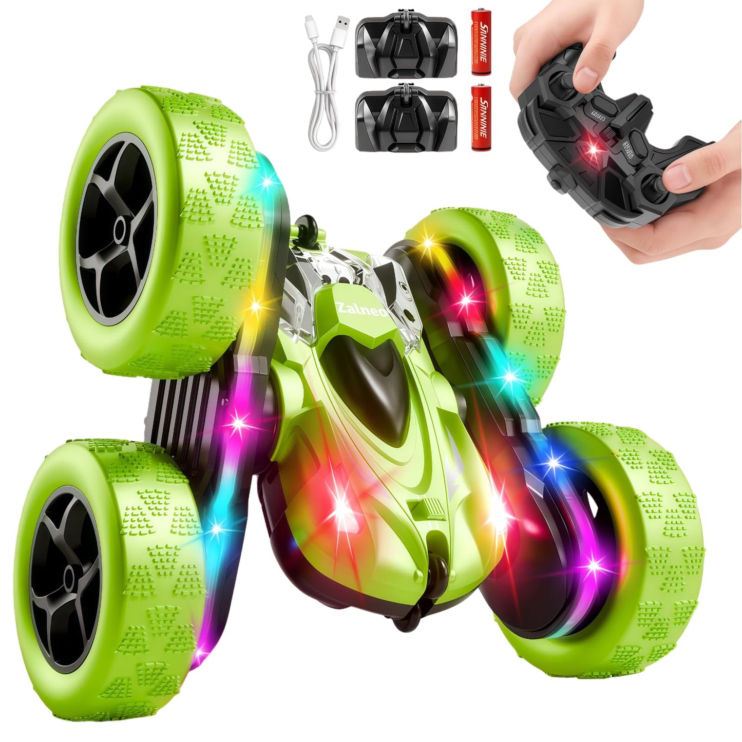 Zalneo Remote Control Car - 4WD 360° Flip Double?Sided RC Stunt Car LED Light Bar & USB?C Modular Battery, Off?Road Toys for Boys Ages 6?12, Birthday