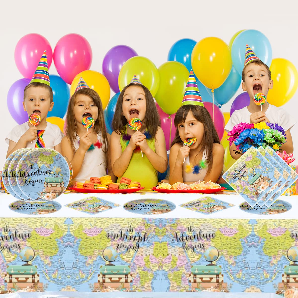 Adventure World Awaits Map Party Tableware,20 Plates and 20 Napkins and Tablecloth71 '' x 42 ''Travel Retirement Adventure World Party Decorate