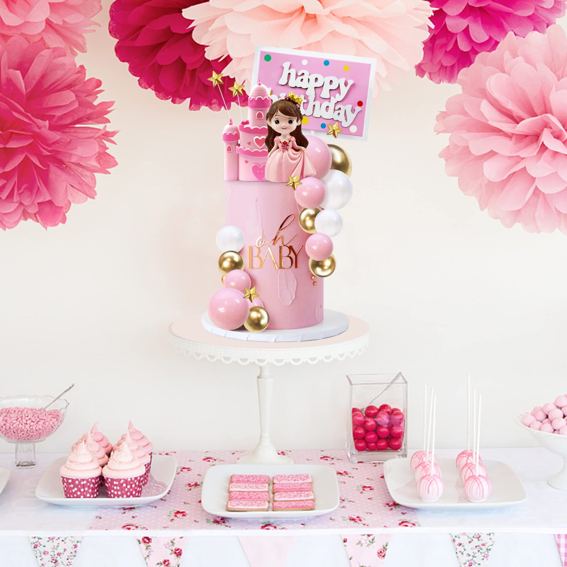 26PCS Princess Castle Cake Topper Girl Princess Cake Decoration Happy Birthday Insert Cards for Girl Birthday Party Supplies