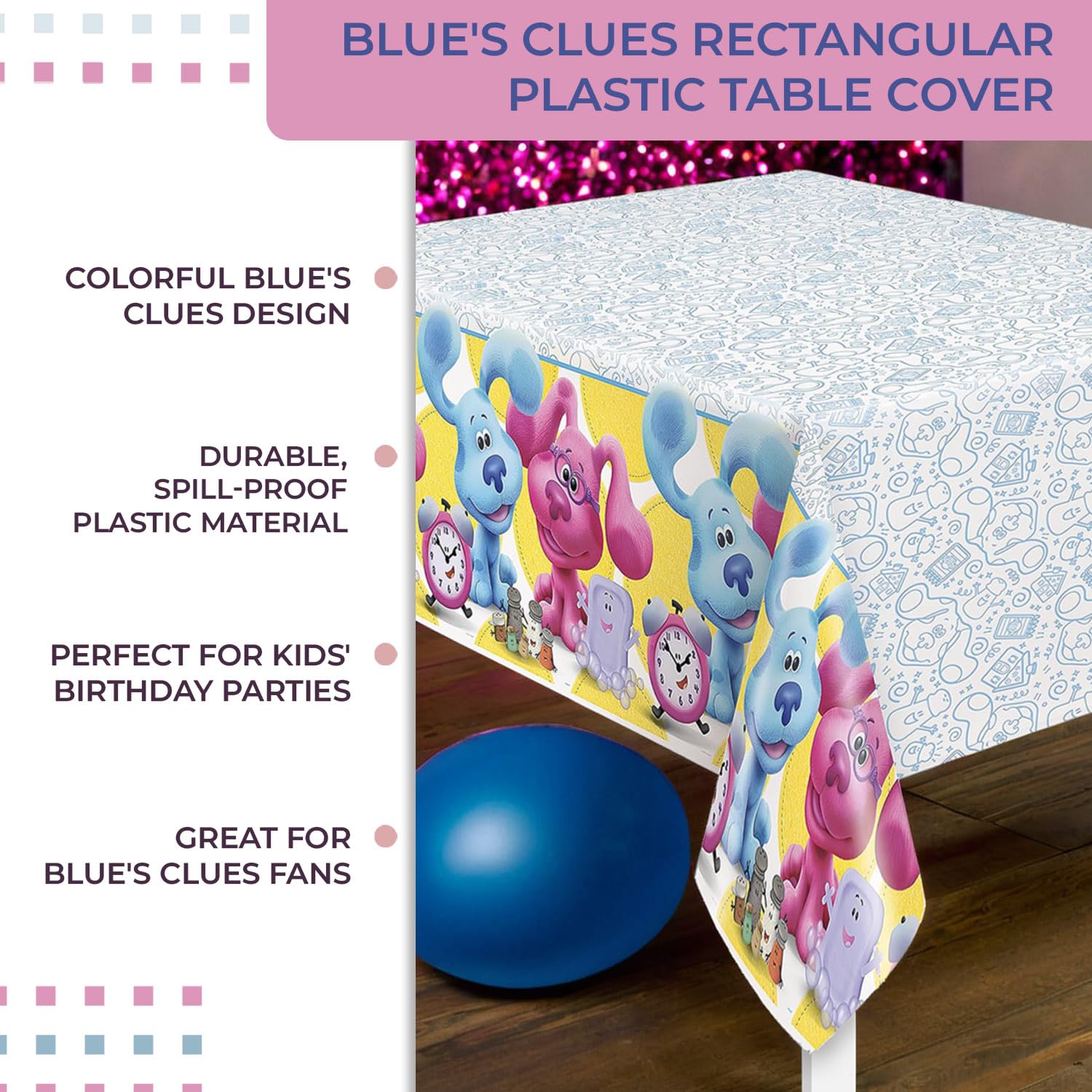 Vibrant Blue's Clues Multicolor Table Cover - 54" x 84" (1 Pc.) - Durable Rectangular Plastic Tablecloth - Perfect Kids Party Decor