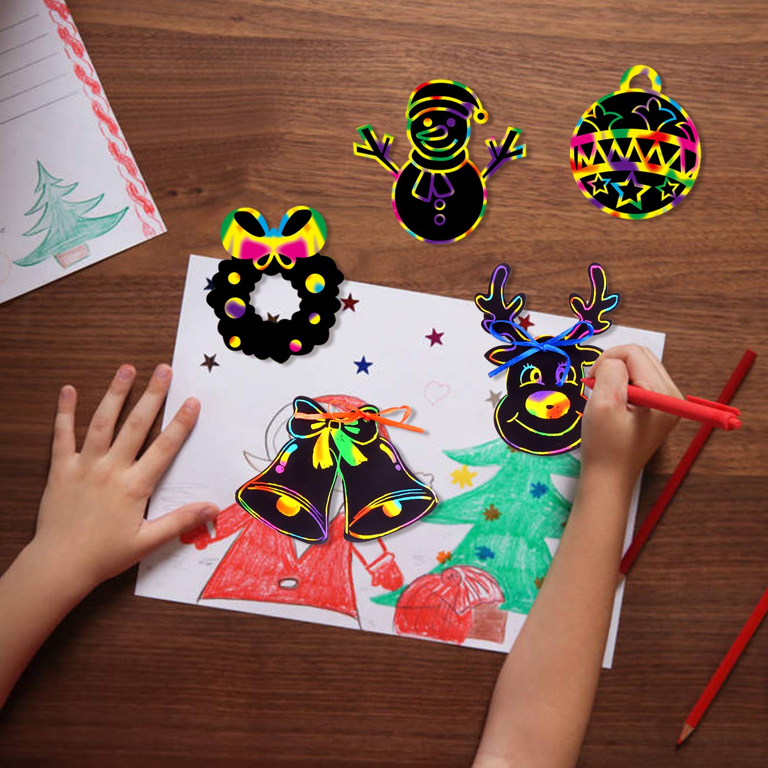 DIYASY Christmas Scratch Art Paper,96Pcs Crafts Kits Magic Rainbow Scratch Cards for Xmas Tree Ornaments and Kids Birthday Decoration