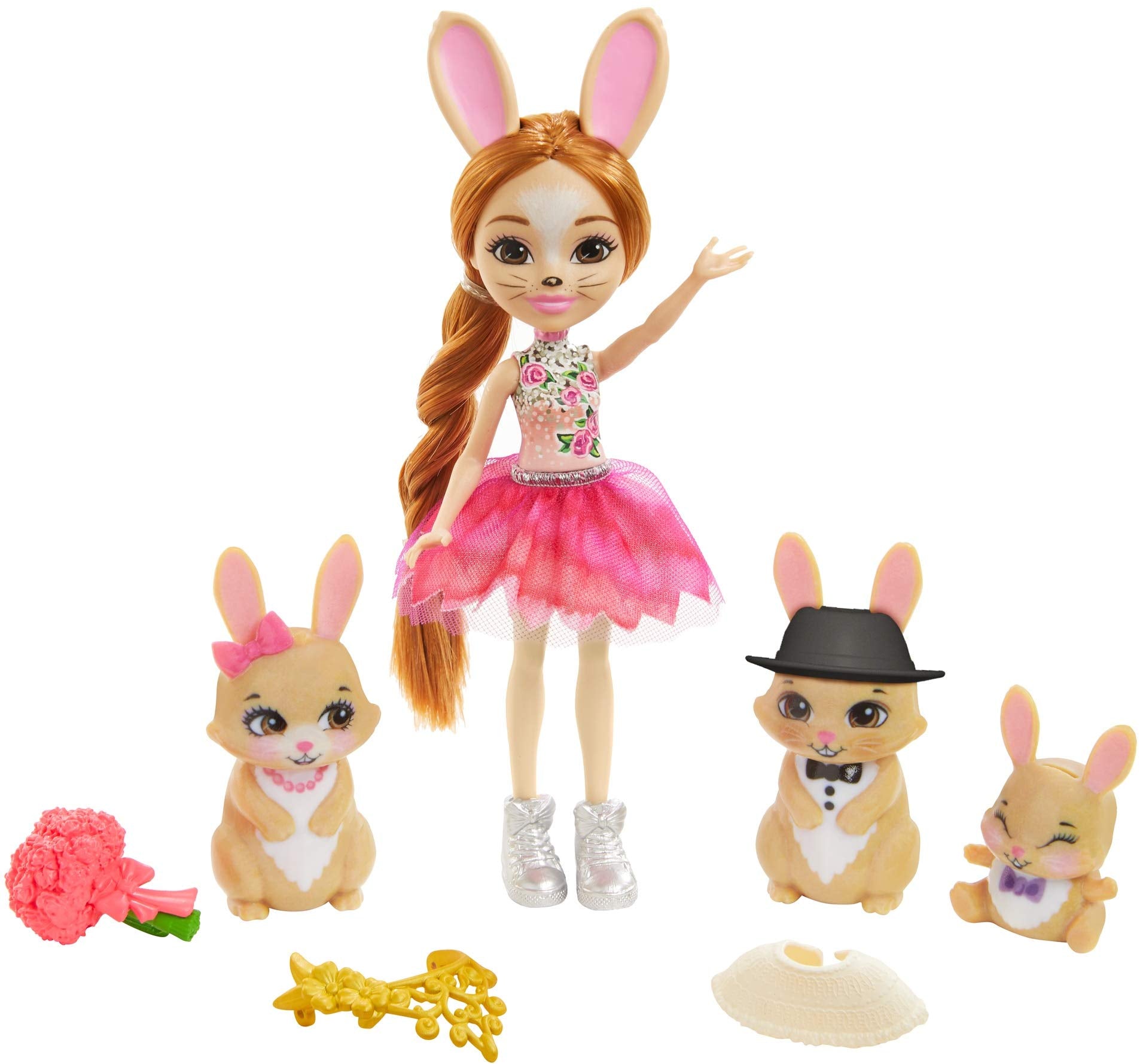 Mattel Enchantimals Royal Family Toy Playset with Brystal Bunny Small Doll, 3 Animal Sibling Figures & 4 Accessories