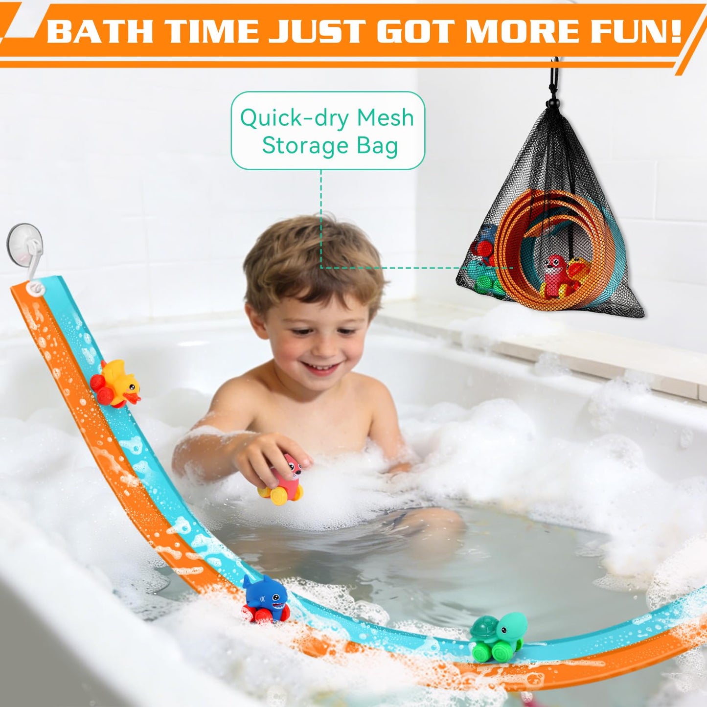 Race Car Bath Toys, Toddler Bathub Toy Set, 5 Ft Flexible Bath Race Track for Kids Ages 3+ , Cars Toy Gift for Baby Boys &Girls, Portable Rolls Up