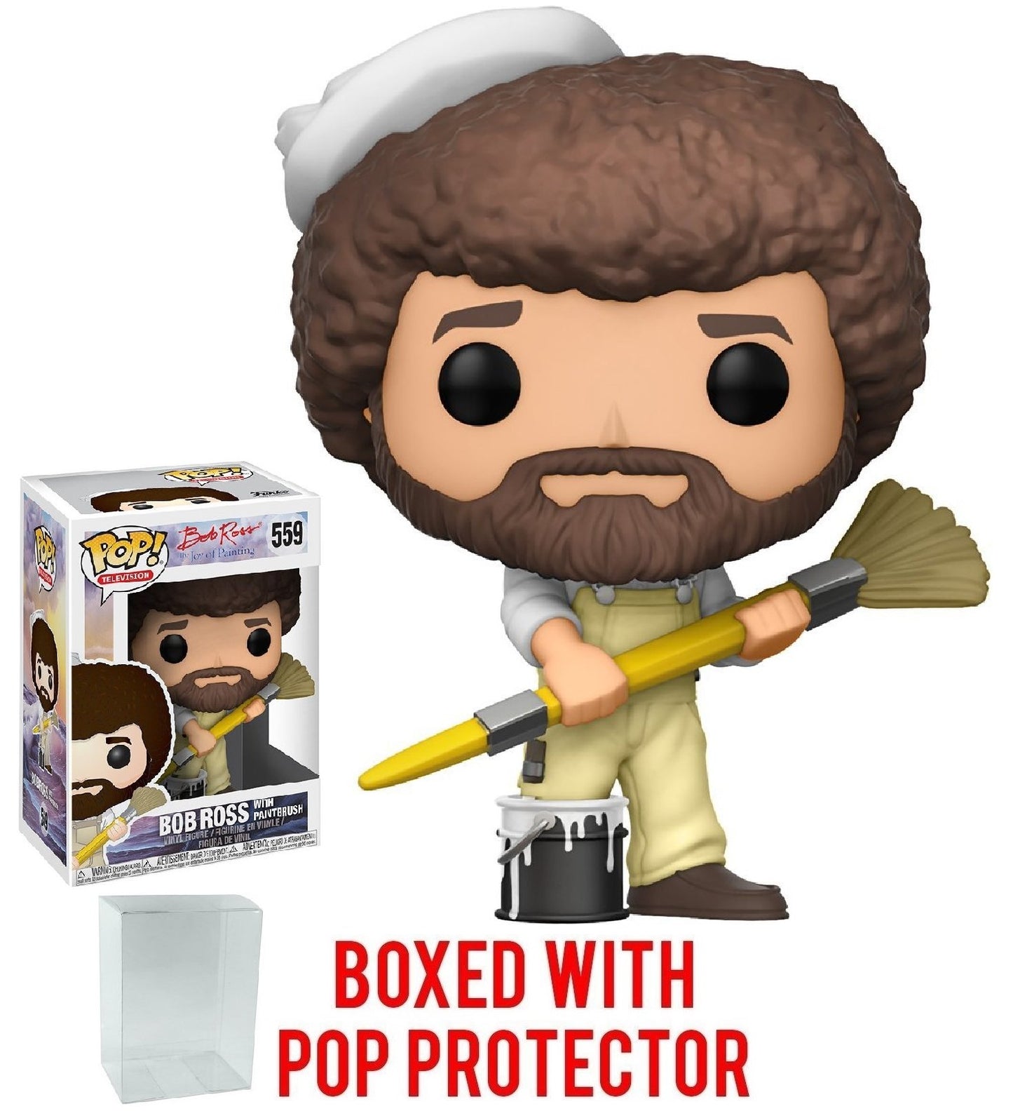 Funko Pop! Television: Bob Ross - The Joy of Painting in Overalls with Paintbrush #559 Vinyl Figure (Bundled with Pop Box Protector Case)