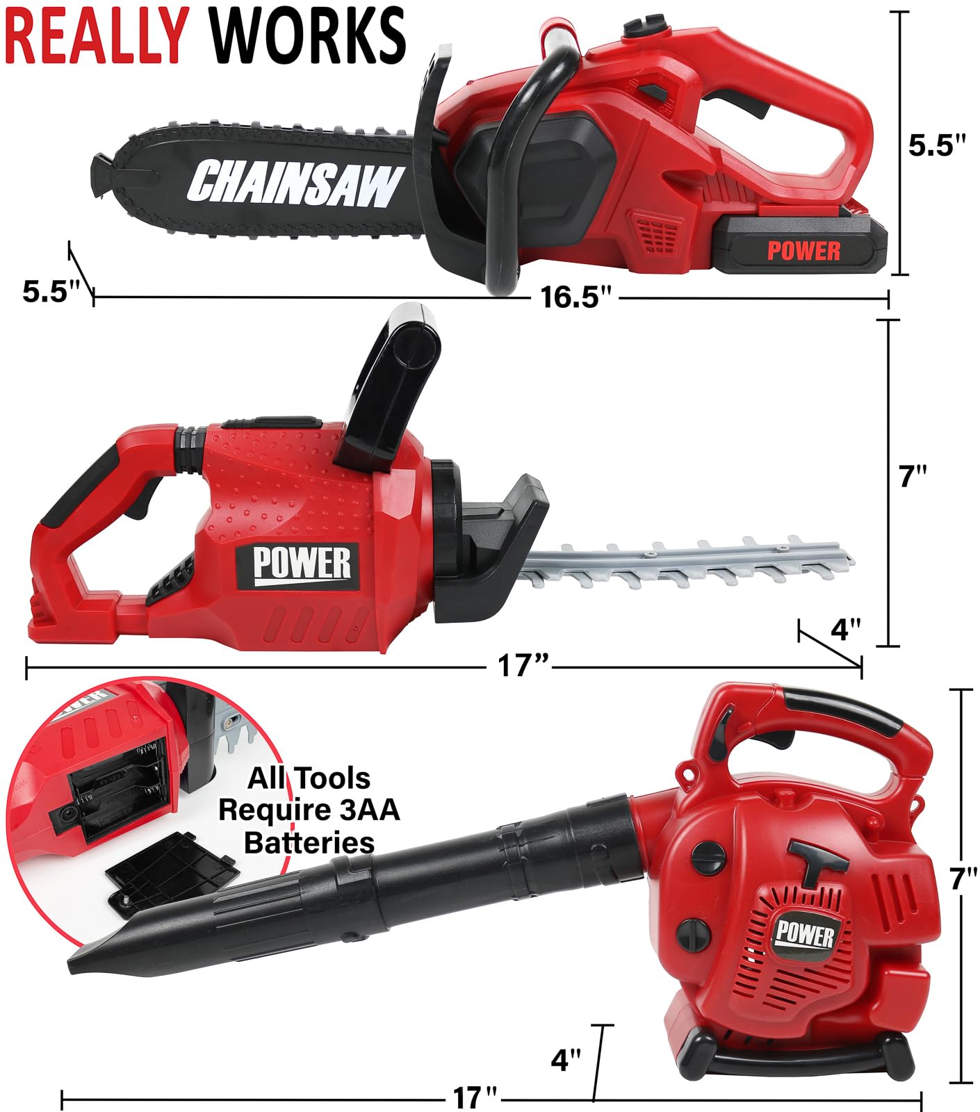 Kids Toy Leaf Blower, Hedge Trimmer & Chainsaw Set Landscaping Power Tools
