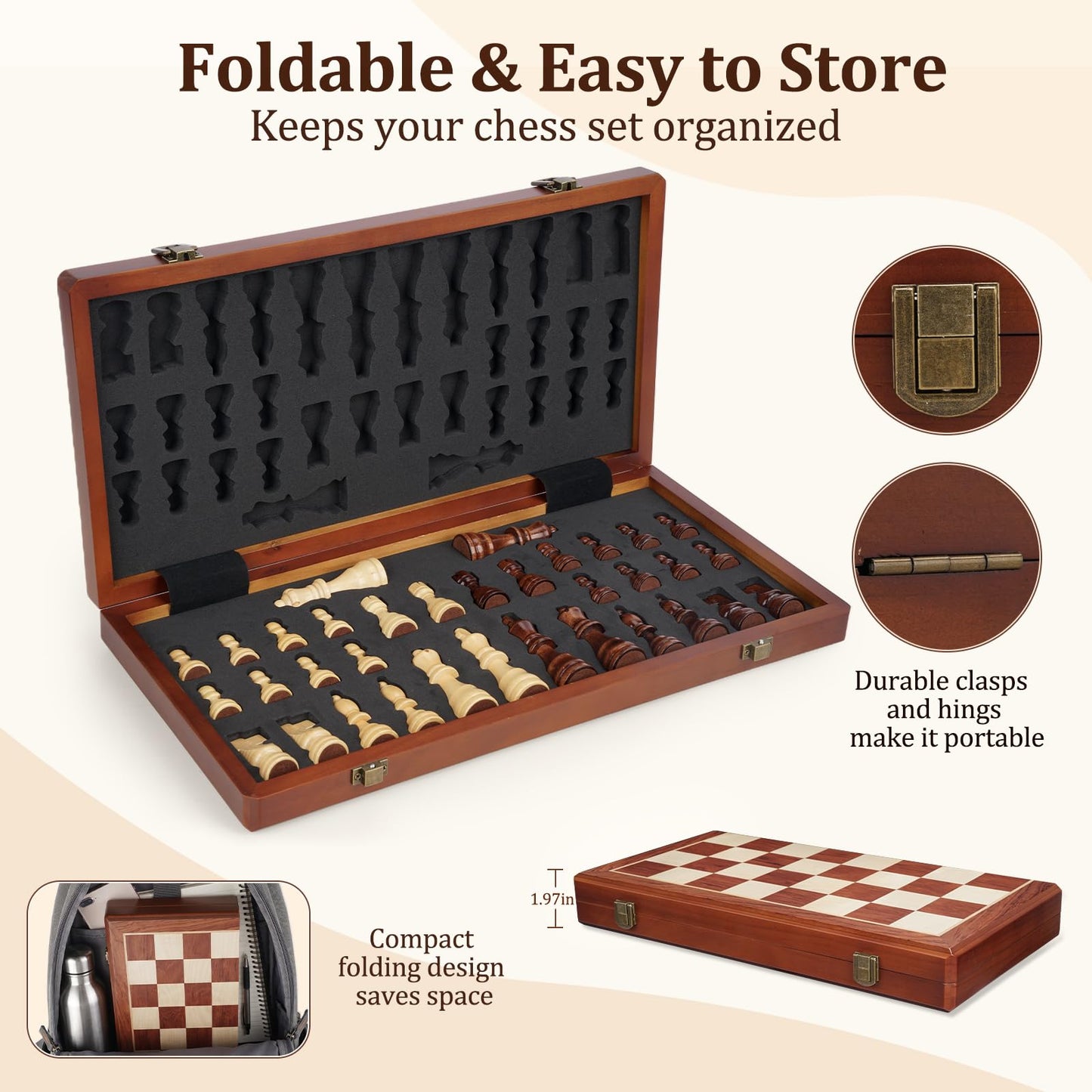 15.4" Magnetic Wooden Chess Set for Adults & Kids, Handcrafted Foldable Chess Board with Individual Storage Slots, 2 Extra Queens, Portable Travel