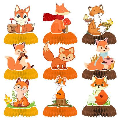 9PCS Fox Honeycomb Centerpieces 3D Table Topper Woodland Animals Double Side Centerpieces for Girl Boy Fox Theme Baby Shower Birthday Party