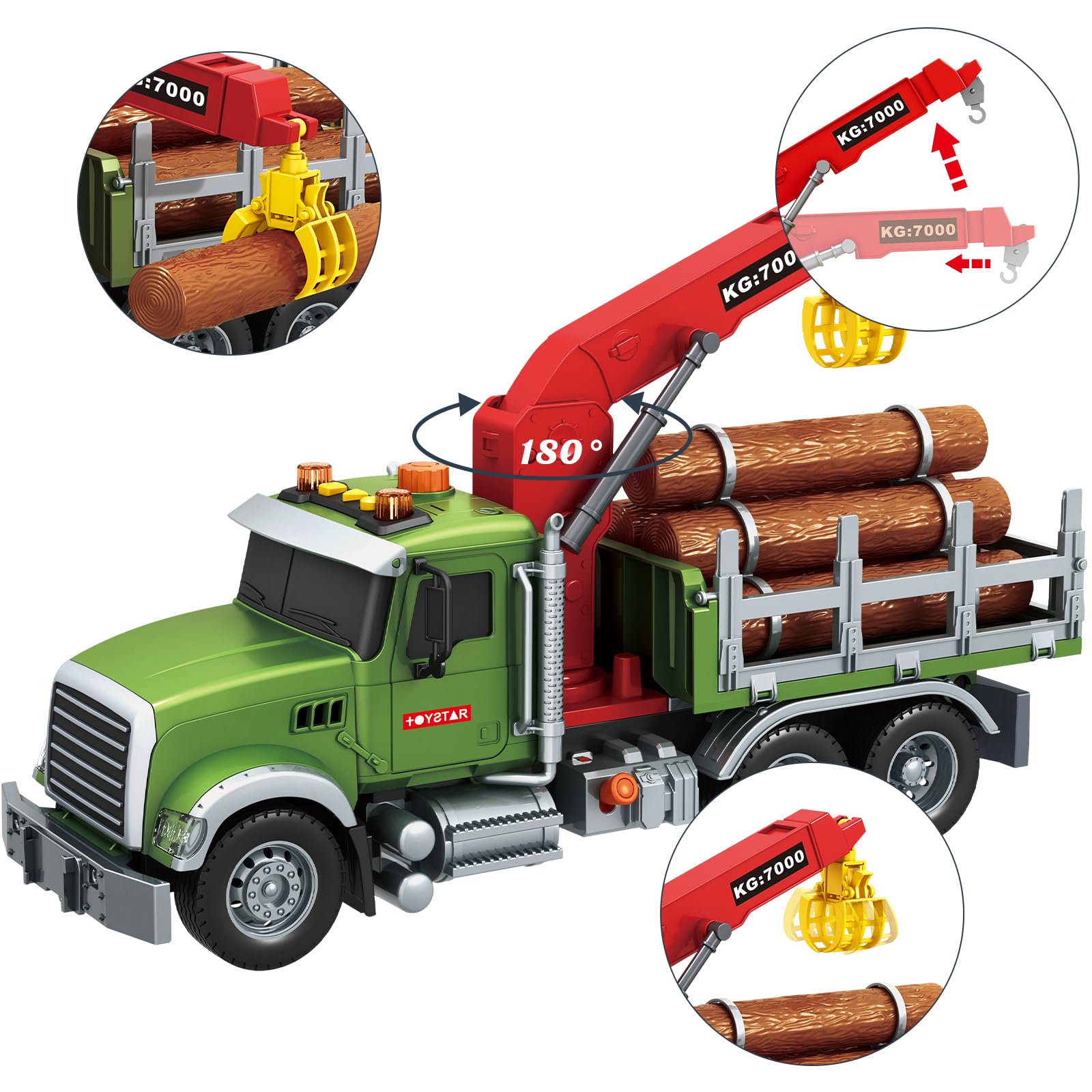 lonfypeng 15 Inch Friction Powered Timber Truck Toy with Loading Crane, 6 Wooden Logs & Lights/Sounds - Play Vehicle Gift for Boys Girls Kids Ages 3-7