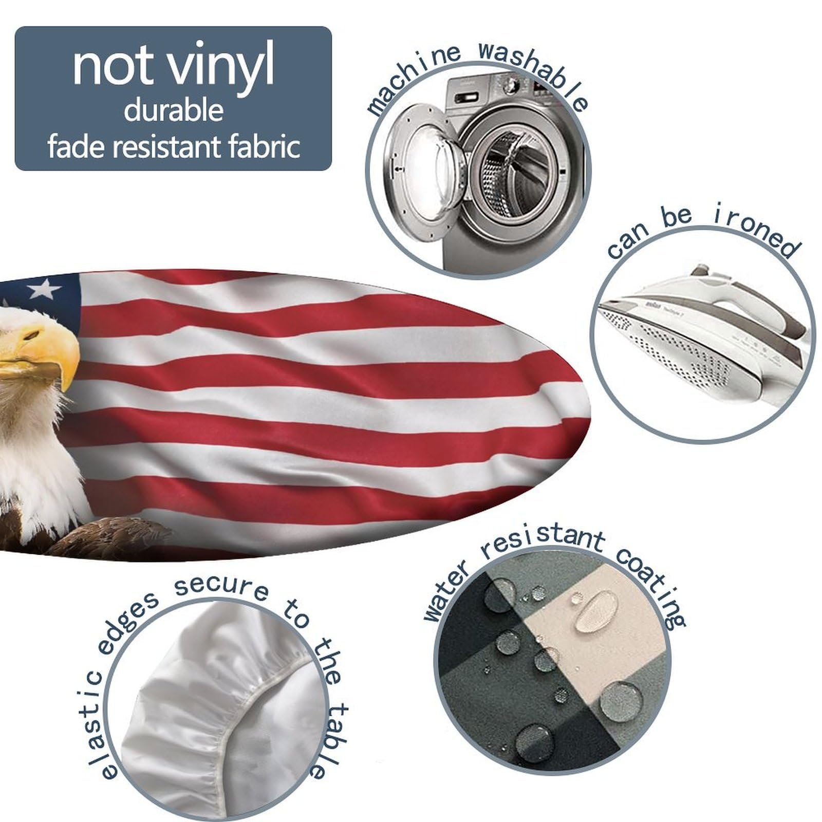 American Flag Round Fitted Tablecloth Elastic Edged Table Cover, Blue Red Eagle Flag Wipeable Table Cloths for Kitchen Dining Party Use, Fit for 28"