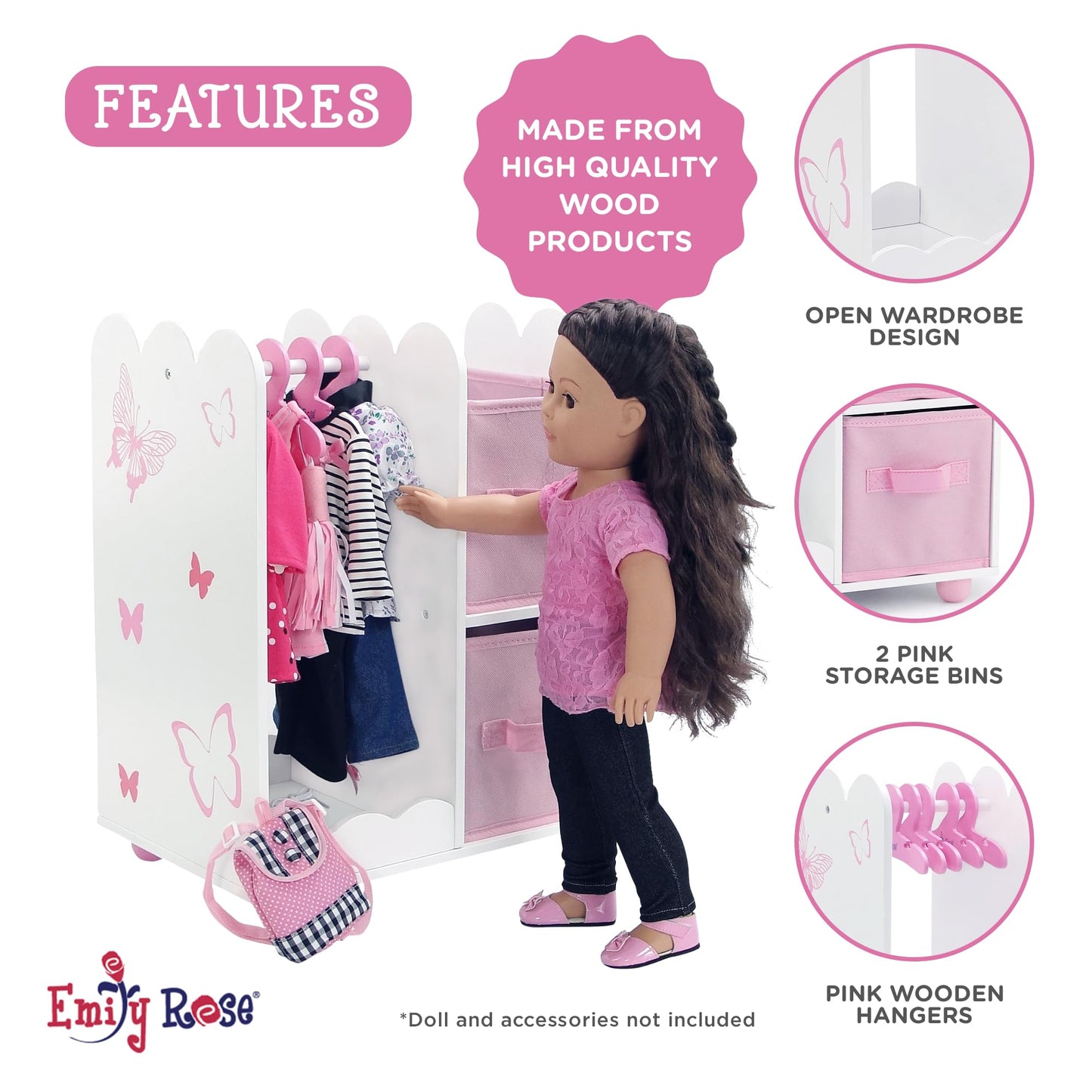 Emily Rose 18" Doll Clothes Open Wardrobe Storage Closet + 5 Hangers
