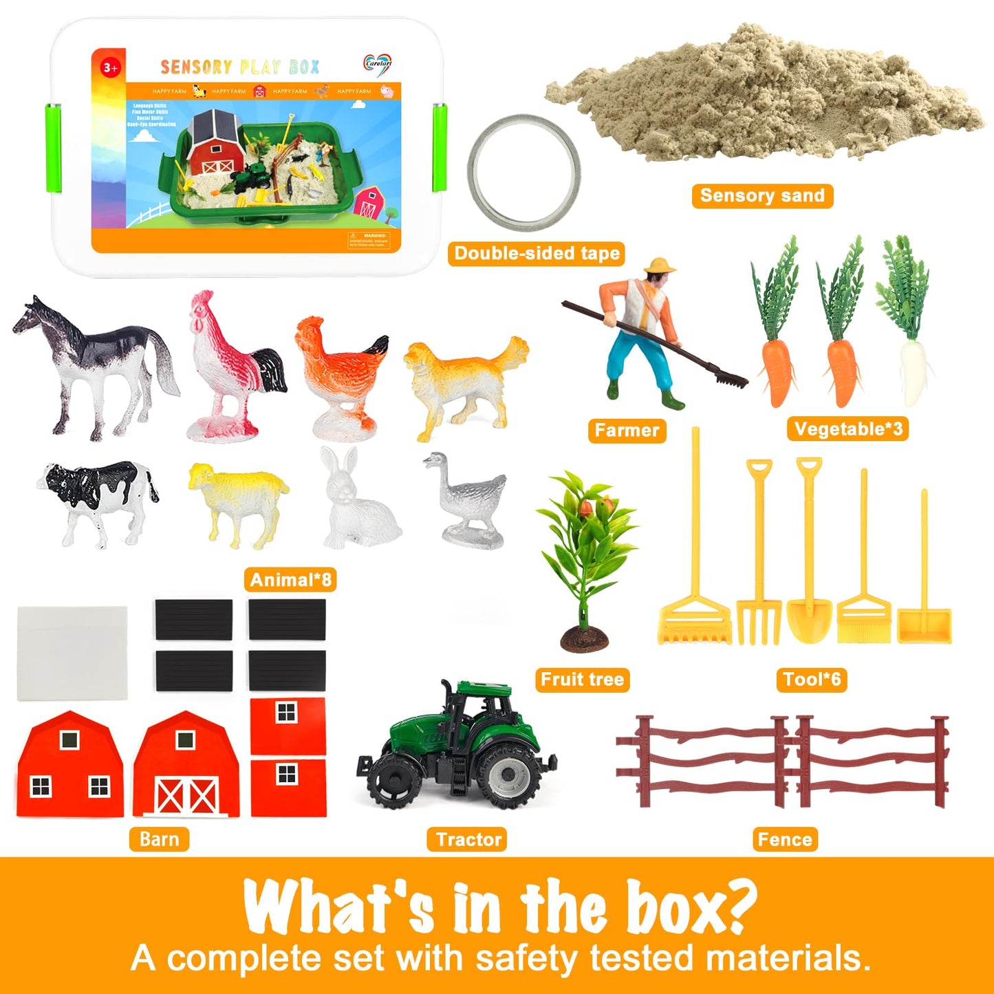 Carolart Farm Sensory Bin with Sensory Sand, Barn Toys & Tractor