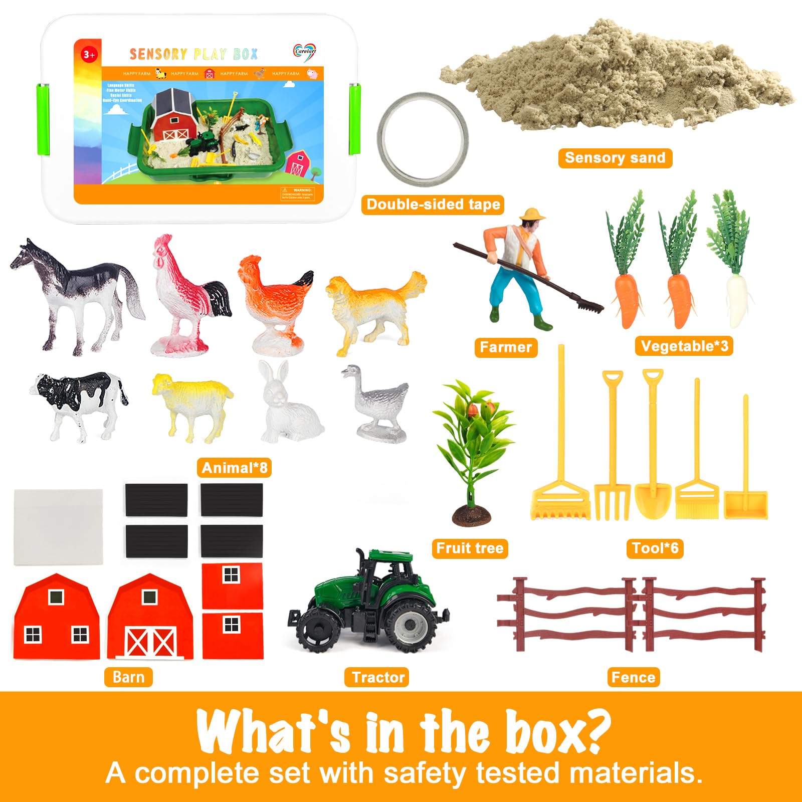 Carolart Farm Sensory Bin with Sensory Sand, Barn Toys & Tractor