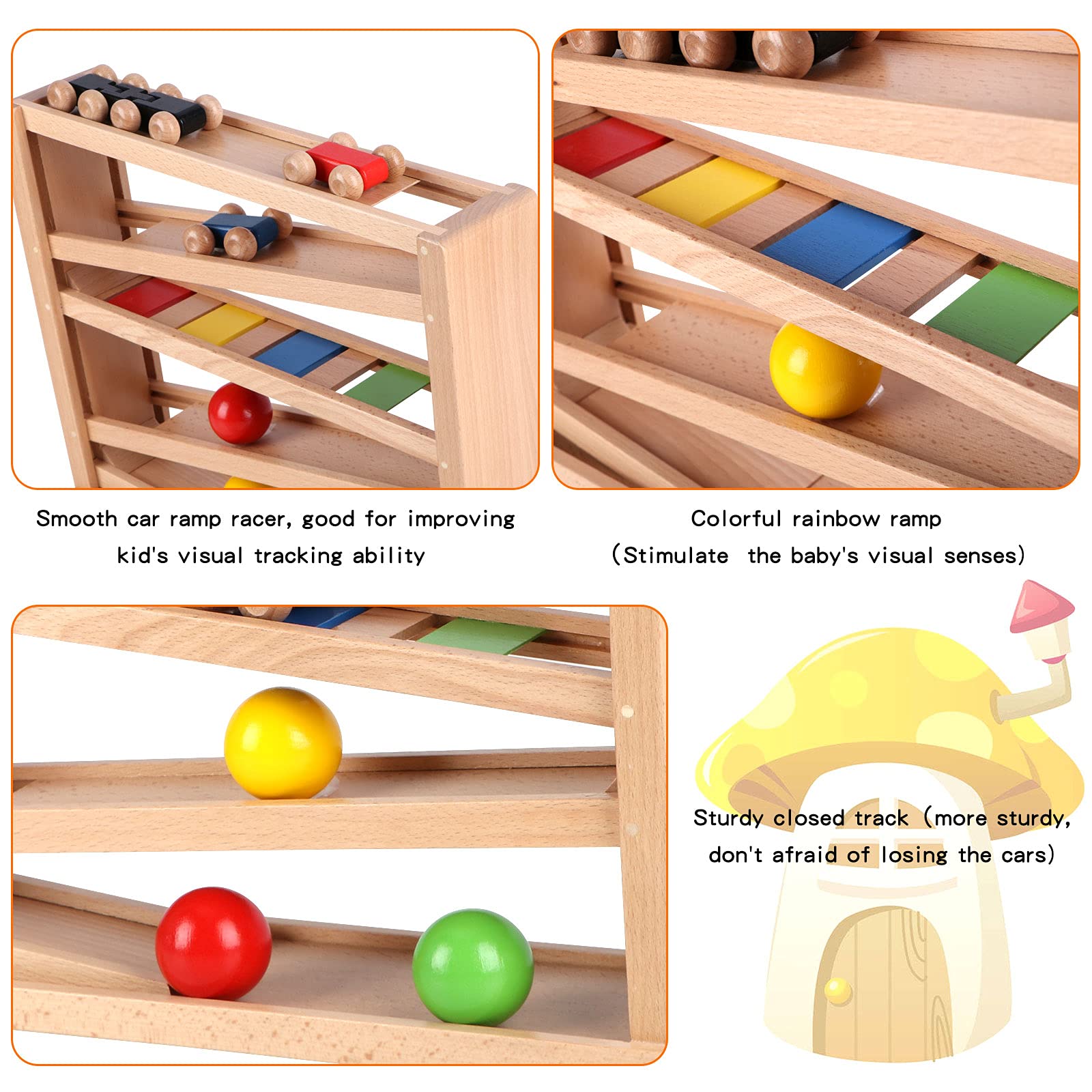 Qilay Wooden Race Track Car Ramp Racer Toy for Toddlers, 5 Level Race Car Ramp Toy Set Includes 4 Wood Cars and 3 Balls,Great Building Learning Toys
