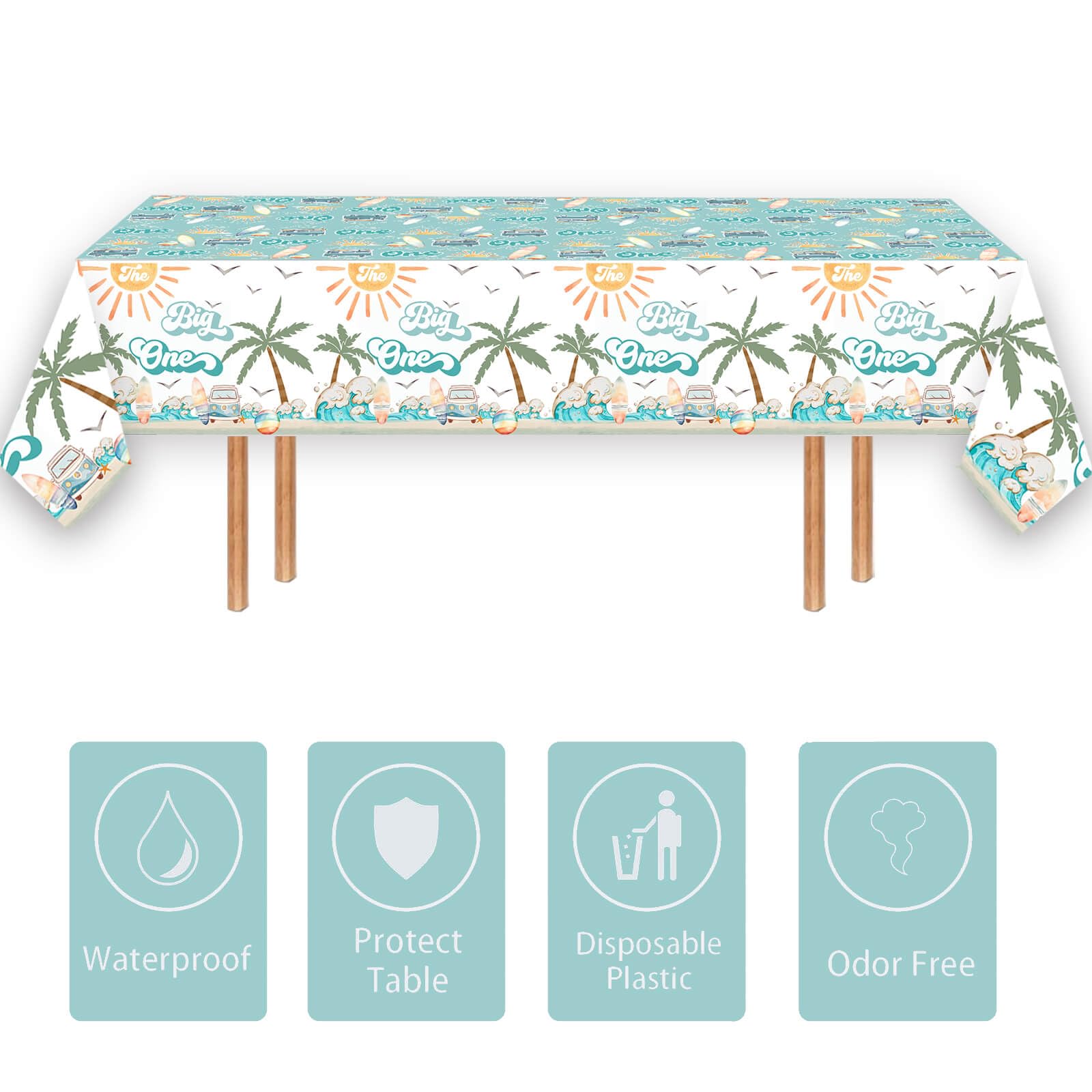 3 Pcs Surf 1st Birthday Party Supplies Boy Table Cloth 54in x 108in Surfing The Big One Tablecovers for Summer Beach Theme Boys Surfing First Birthday