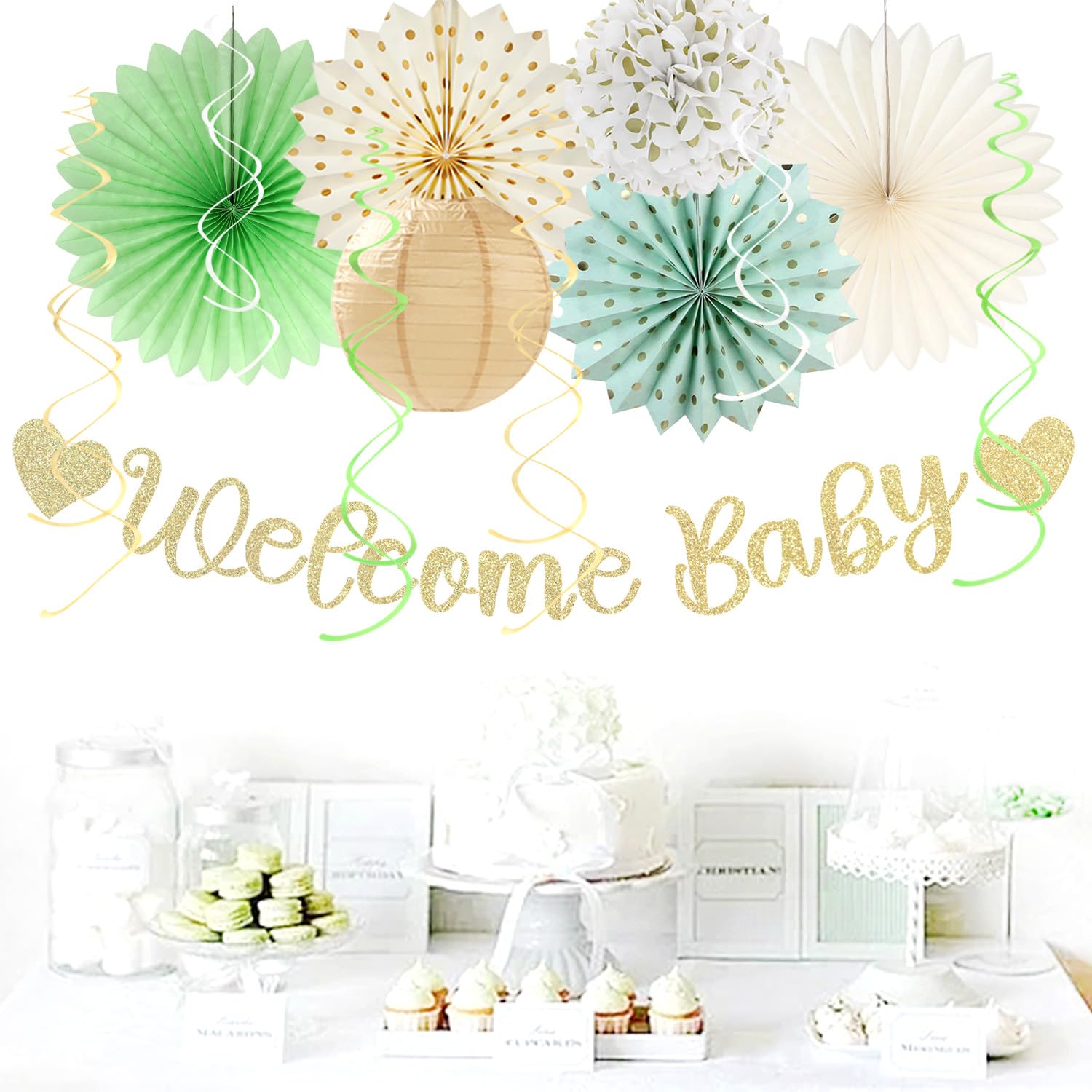 Sage-Green Champagne-Beige Baby Shower Party-Decorations - 21pcs Girls Boy Welcome Baby Banner,Paper Lanterns Pom Poms,Safari Woodland Boho Neutral