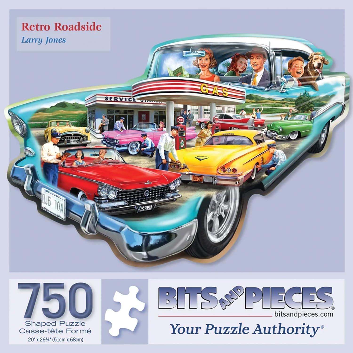 Bits and Pieces Car Shaped 750 Piece Puzzles for Adults Retro Roadside Large 20" x 27" Jigsaw Puzzles 750 Pieces 1950's Cars Americana, Random Die Cut