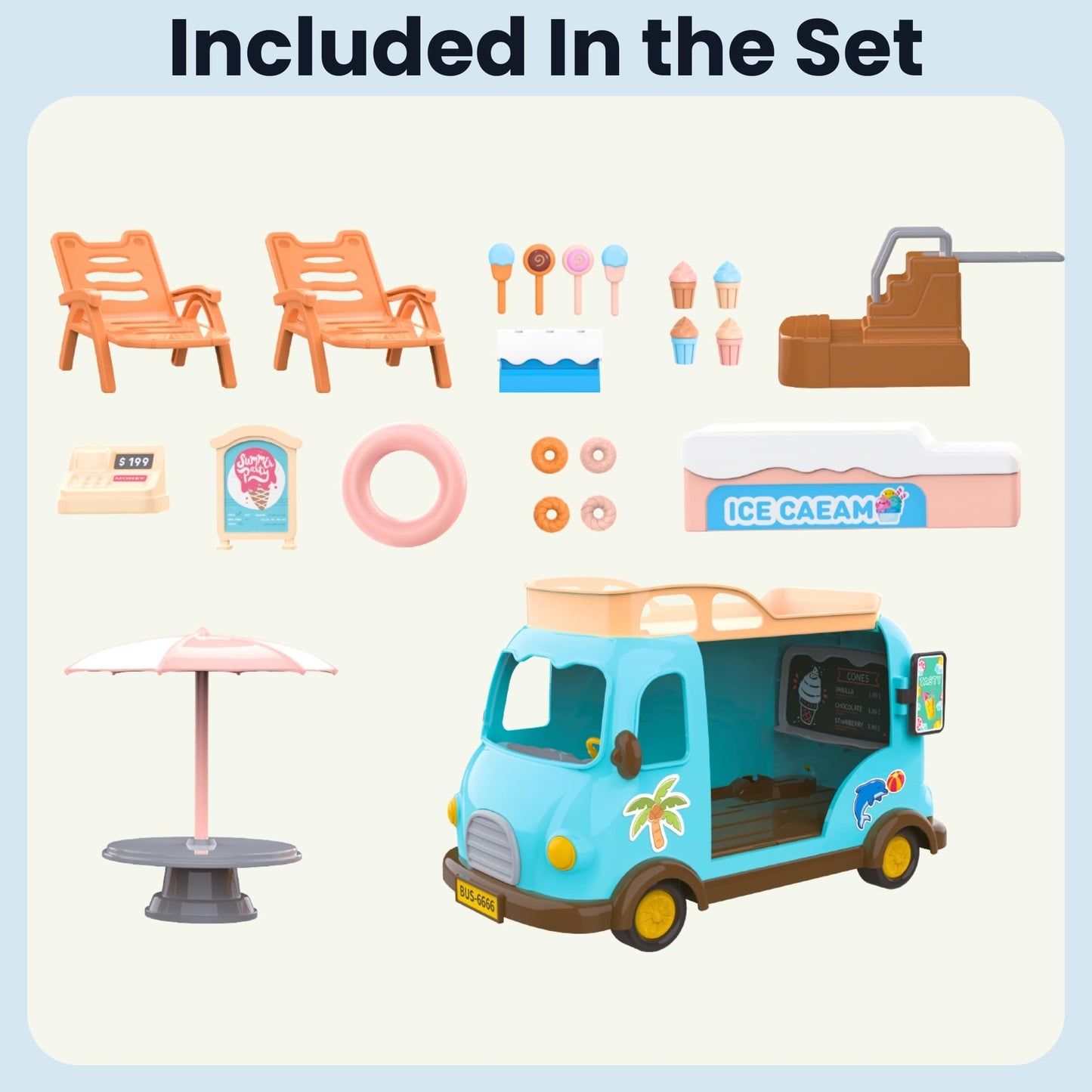 OLEOCA Family Ice Cream Truck Toy - Dessert Food Truck Playset with Cash Register, Chairs & Umbrella, Dollhouse Pretend Play Vehicle, Gift for Kids