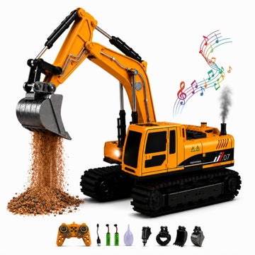 JoyDig Remote Control Excavator Toy, 4-in-1 RC Construction Vehicle with Metal Bucket, Best Birthday Gift RC Truck Digger, 680° Rotation, Smoke Spray