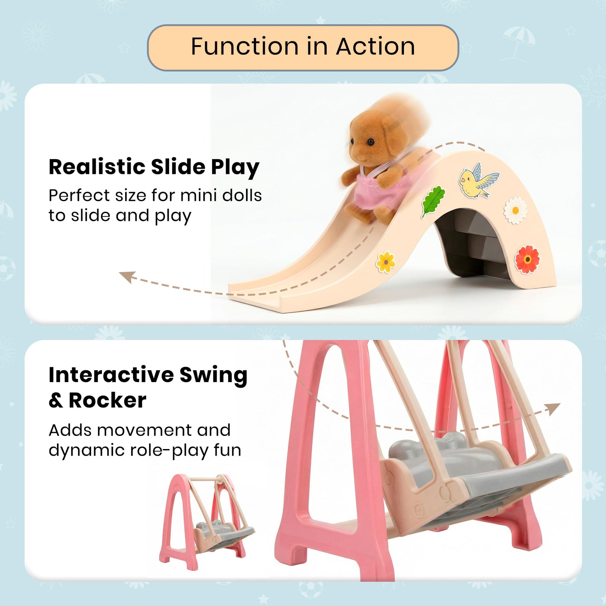 OLEOCA Family Dollhouse Accessories - Mini Playground Set with Swing & Slide, Rocking Horse, Soccer Goals, Screen-Free Add-On - Miniature Dollhouse