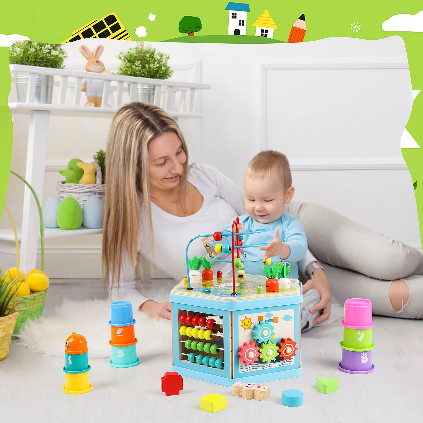 Vomocent Wooden Activity Cube for 1 Year Old Kids, Educational Learning Bead Maze for Toddler Age 1-3, Developmental Montessori Toys for 12-36 Months
