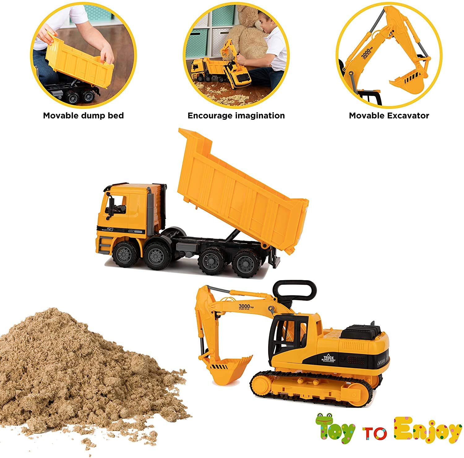 Toy To Enjoy Construction Toys - Excavator & Dump Truck Toy for Kids (Set of 2) - Moveable Claw & Lifting Back - Garbage Truck & Bulldozer Digger
