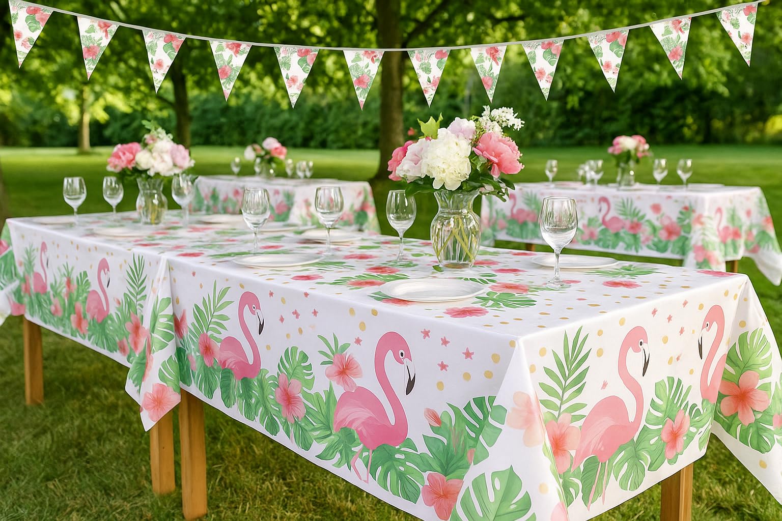 Oojami Flamingo Tablecloths 4 Pack - Tropical Birthday Party Decorations, Hawaiian Luau Plastic Table Covers, Disposable & Waterproof, 54 x 108 Inch