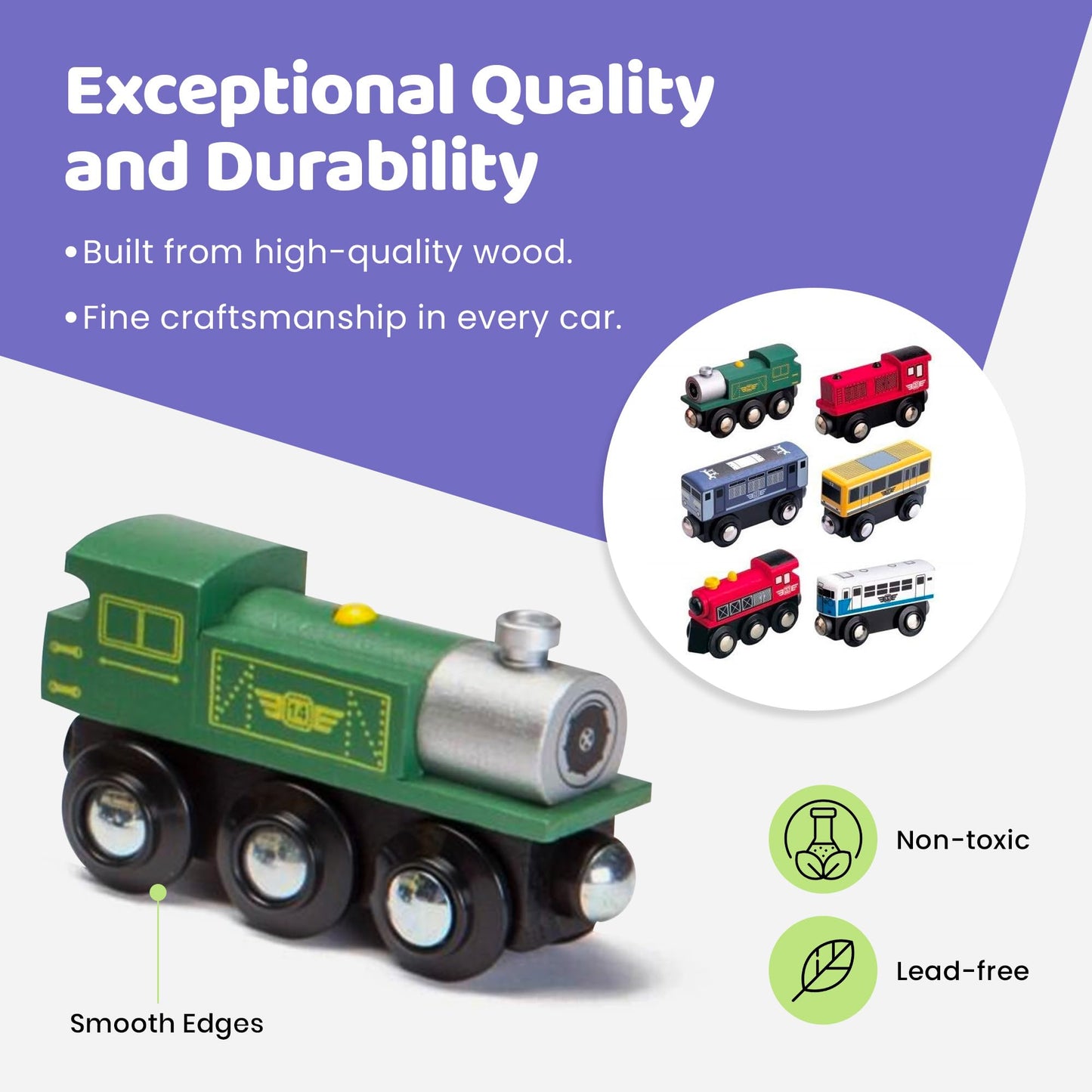 Maxim Enterprise 6-Piece Wooden Train Car Set - Classic Rolling Locomotive/Train Engines Compatible with Thomas Wooden Railway, Brio & Other Major