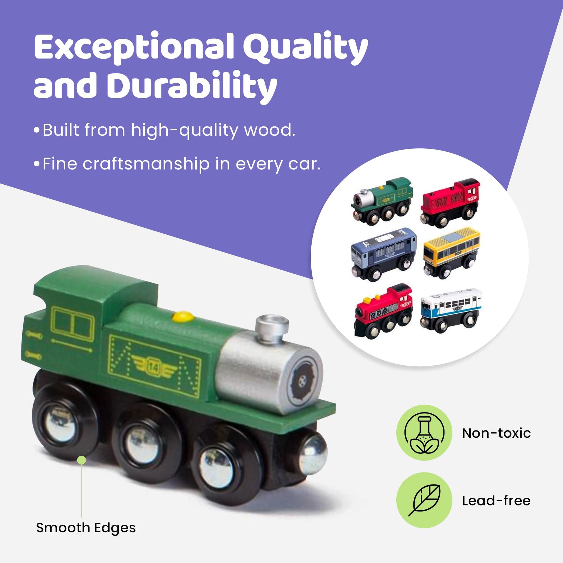 Maxim Enterprise 6-Piece Wooden Train Car Set - Classic Rolling Locomotive/Train Engines Compatible with Thomas Wooden Railway, Brio & Other Major