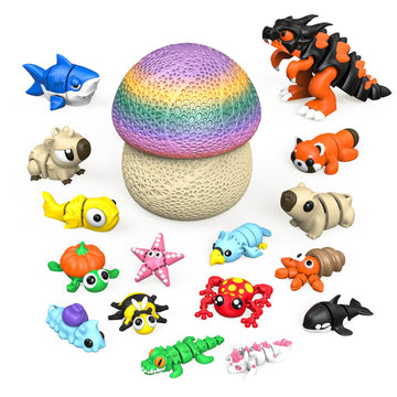 17PCS 3D Printed Animal Figurines Set with Mushroom Container - 16 Unique Articulated Animals, Fidget Toys for Stress Relief, Party Favors, Desk Decor
