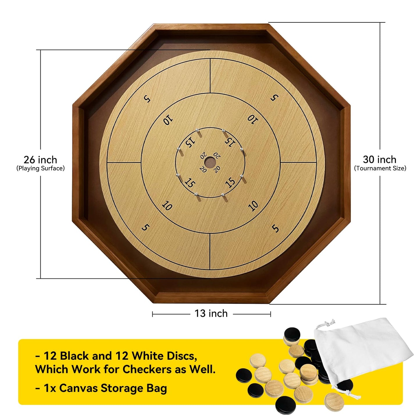 30 Inch Tournament Crokinole Board Game, 2 in 1 Crokinole and Checkers with 26” Playing Surface, Metal Pegs, Wooden Octagon Canadian Tabletop Board