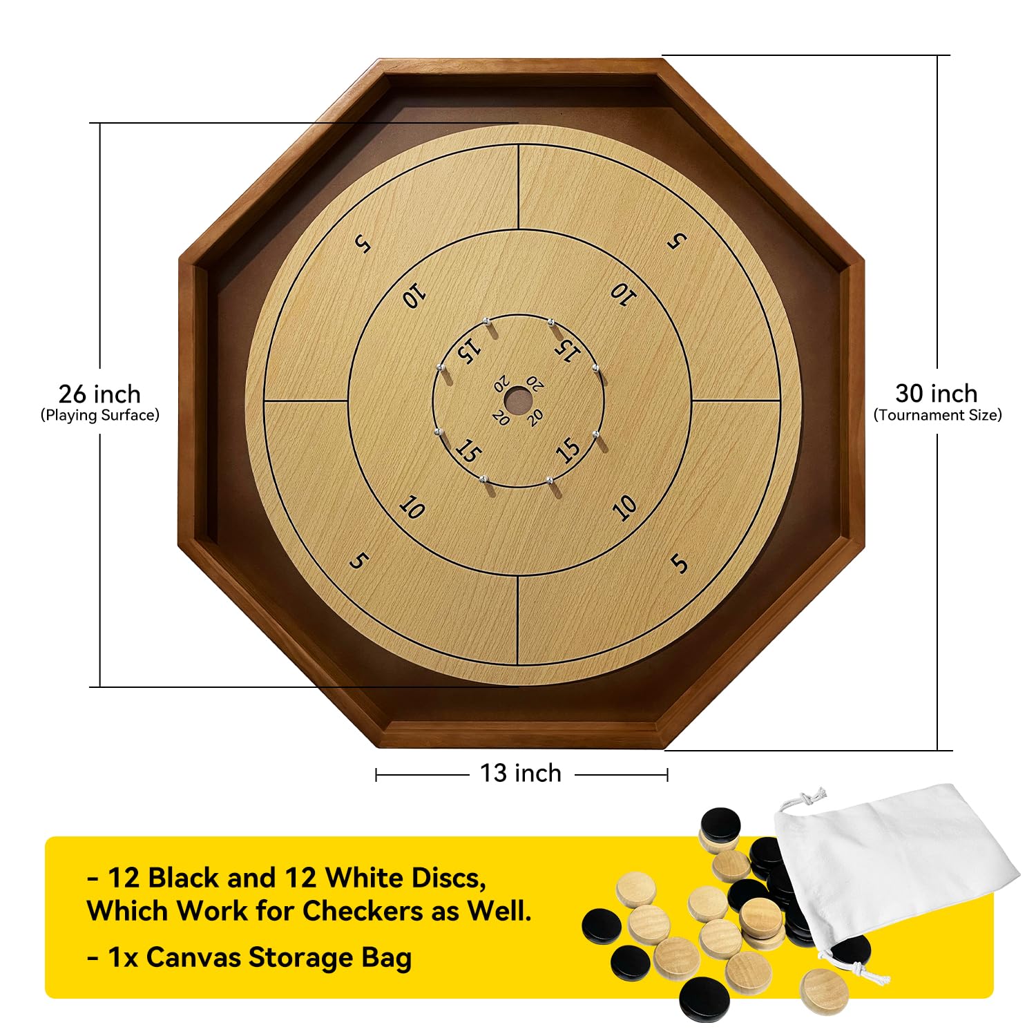 30 Inch Tournament Crokinole Board Game, 2 in 1 Crokinole and Checkers with 26” Playing Surface, Metal Pegs, Wooden Octagon Canadian Tabletop Board